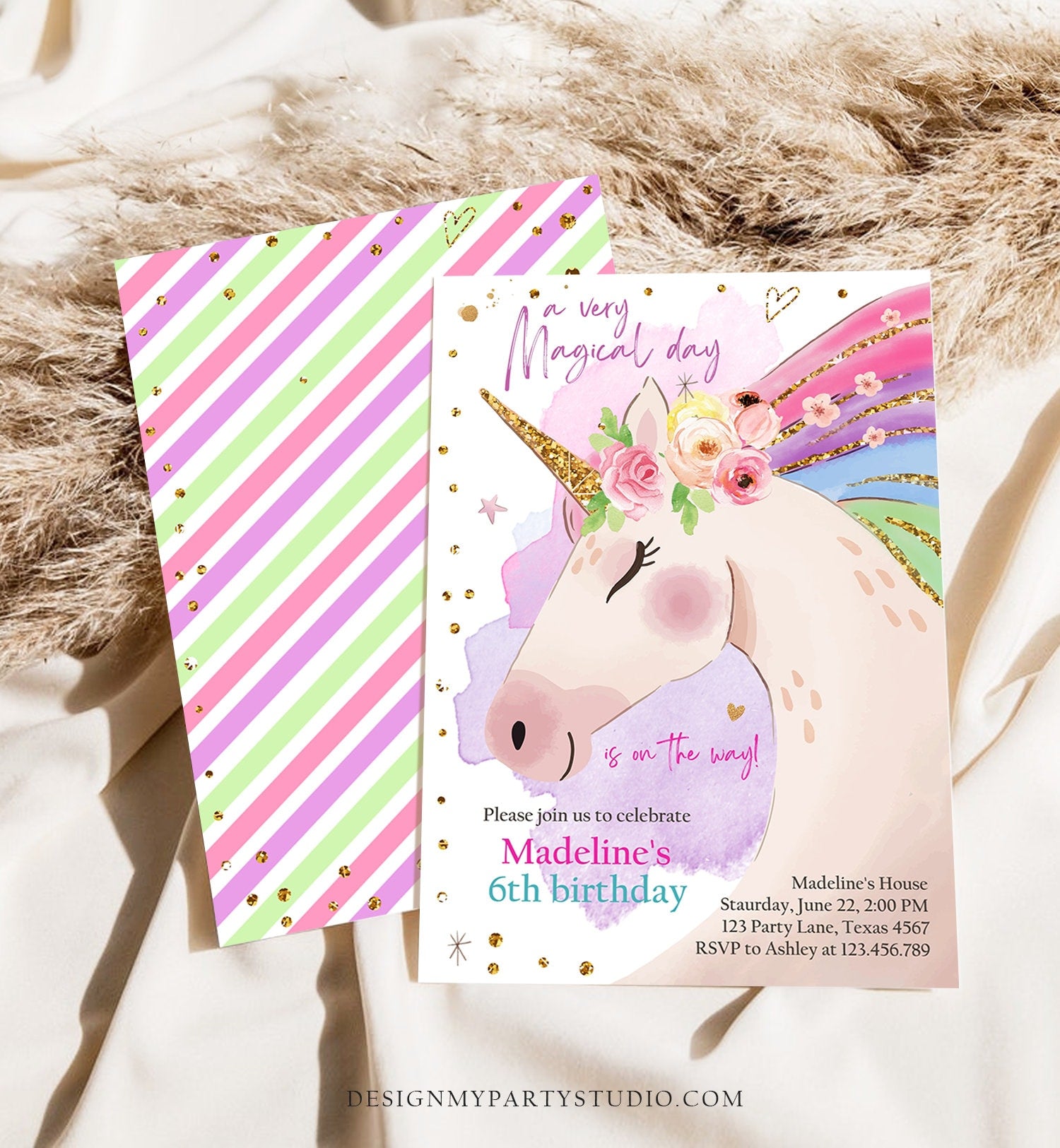 Editable Unicorn Invitation Unicorn Birthday Invitation Magical Unicorn Party Girl Pink Rainbow Digital Download Template Printable 0411