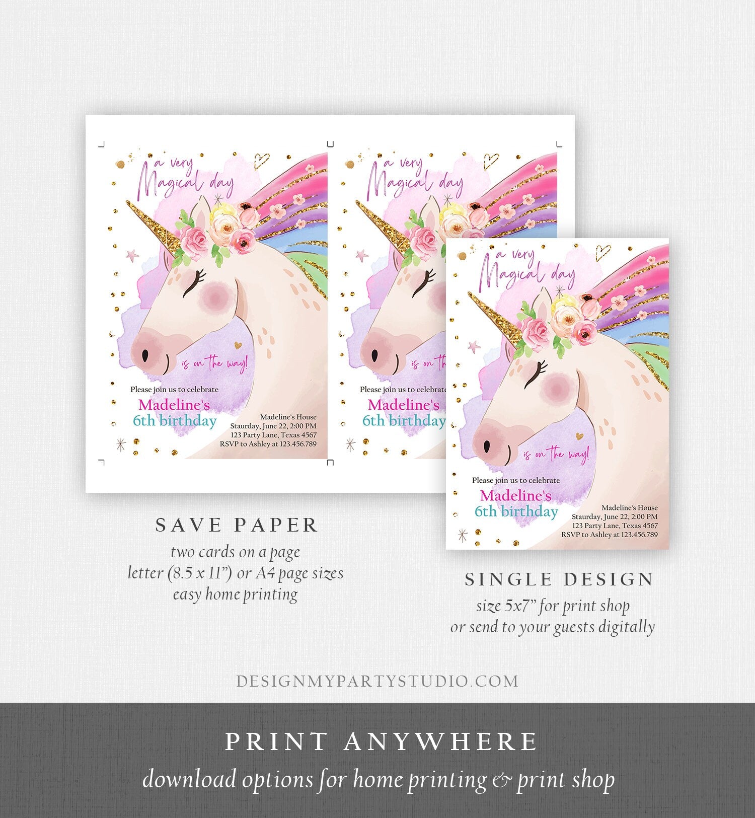 Editable Unicorn Invitation Unicorn Birthday Invitation Magical Unicorn Party Girl Pink Rainbow Digital Download Template Printable 0411