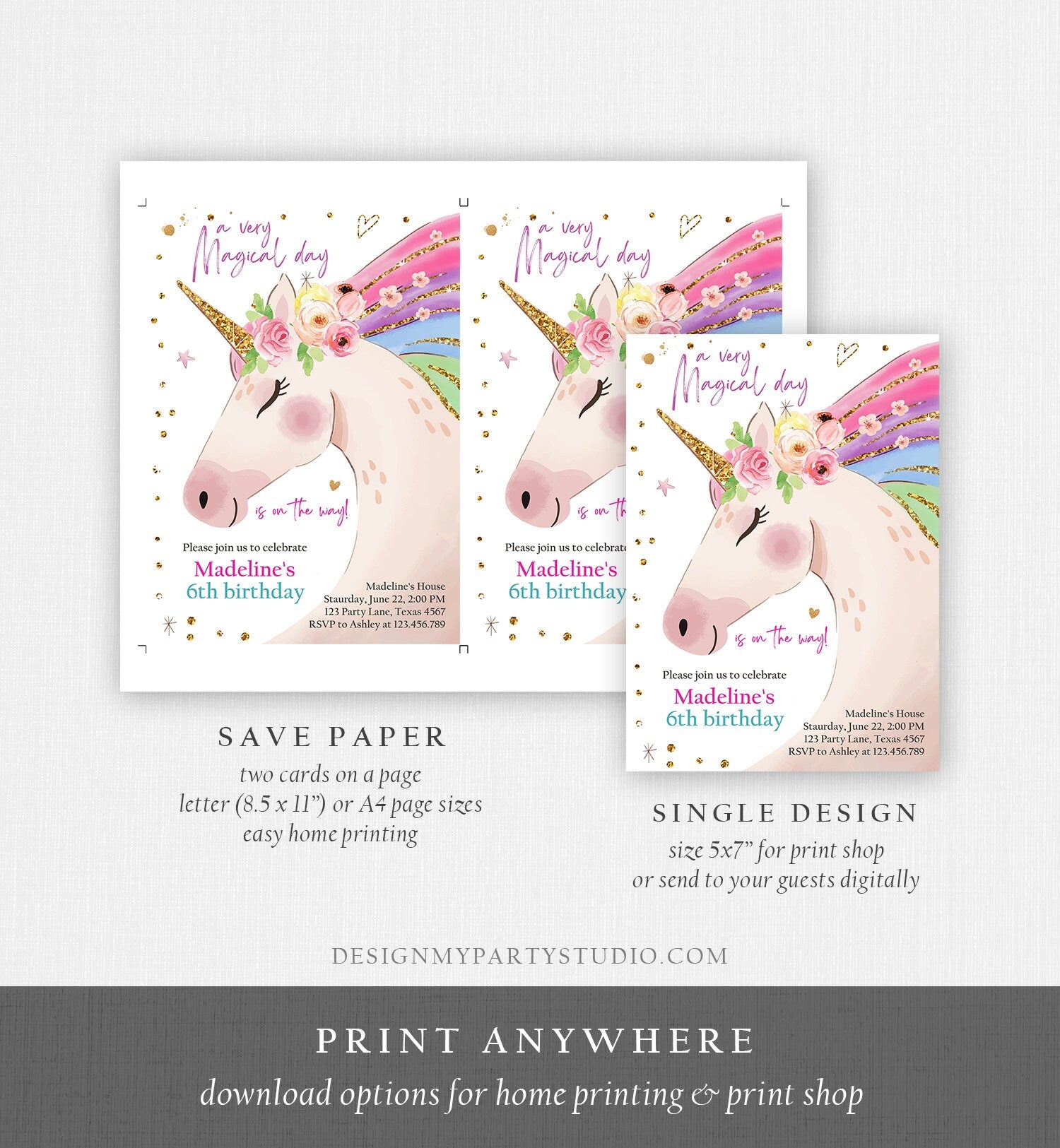 Editable Unicorn Invitation Unicorn Birthday Invitation Magical Unicorn Party Girl Pink Gold Rainbow Printable Corjl Template Digital 0411