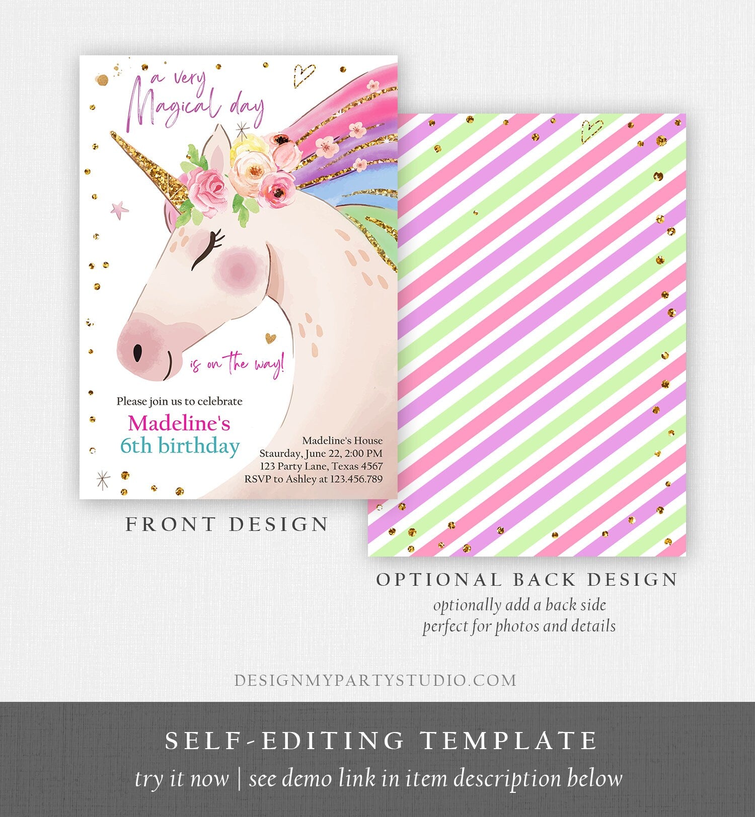 Editable Unicorn Invitation Unicorn Birthday Invitation Magical Unicorn Party Girl Pink Gold Rainbow Printable Corjl Template Digital 0411