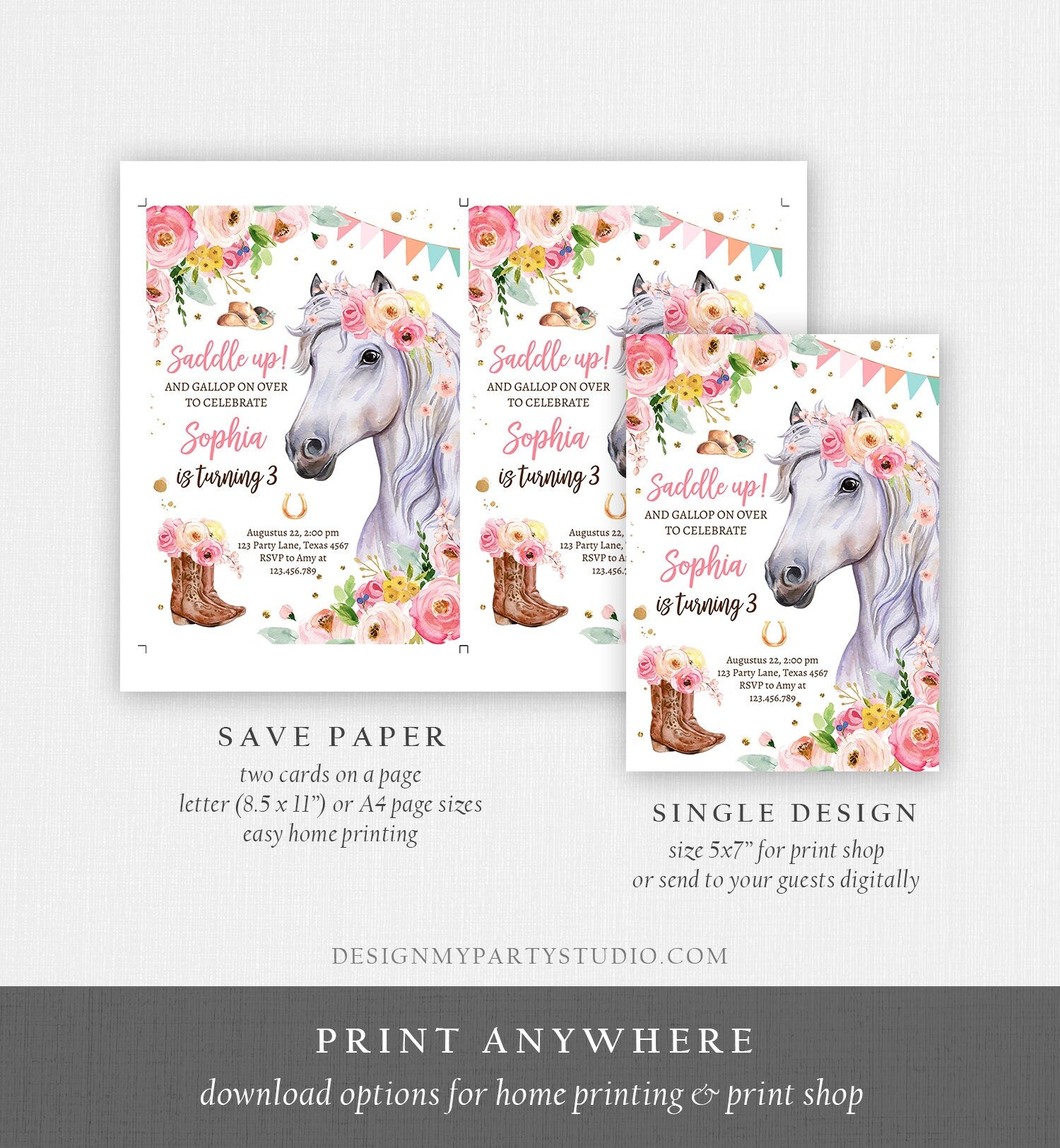 Editable Horse Birthday Invitation Girl Saddle Up Watercolor Cowgirl Party Horse Invite Pink Floral Download Printable Template Corjl 0408