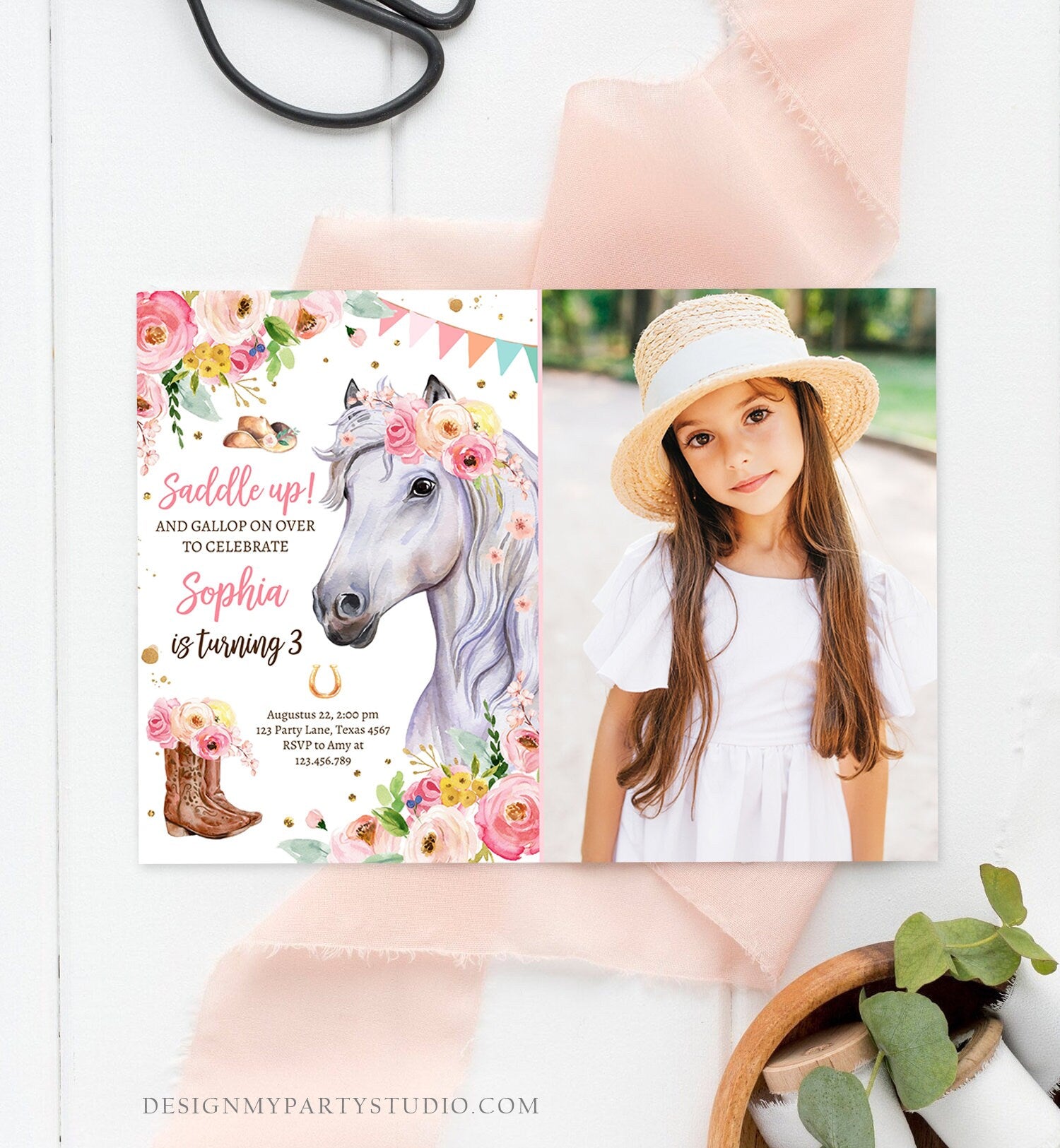 Editable Horse Birthday Invitation Girl Saddle Up Watercolor Cowgirl Party Horse Invite Pink Floral Download Evite Template Printable 0408