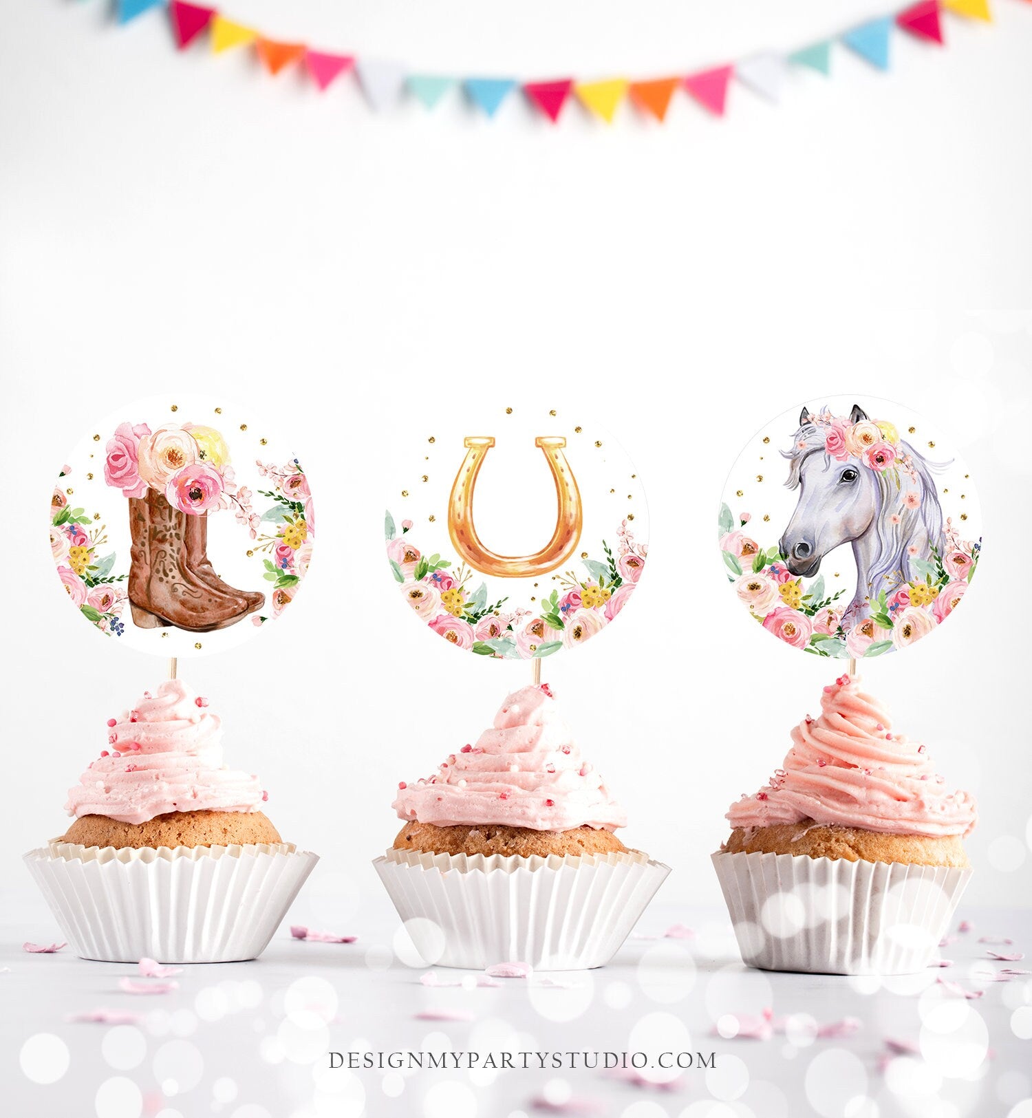 Horse Cupcake Toppers Favor Tags Girl Saffle Up Pony Birthday Party Decoration Cowgirl Floral Horse Pink Download Digital PRINTABLE 0408