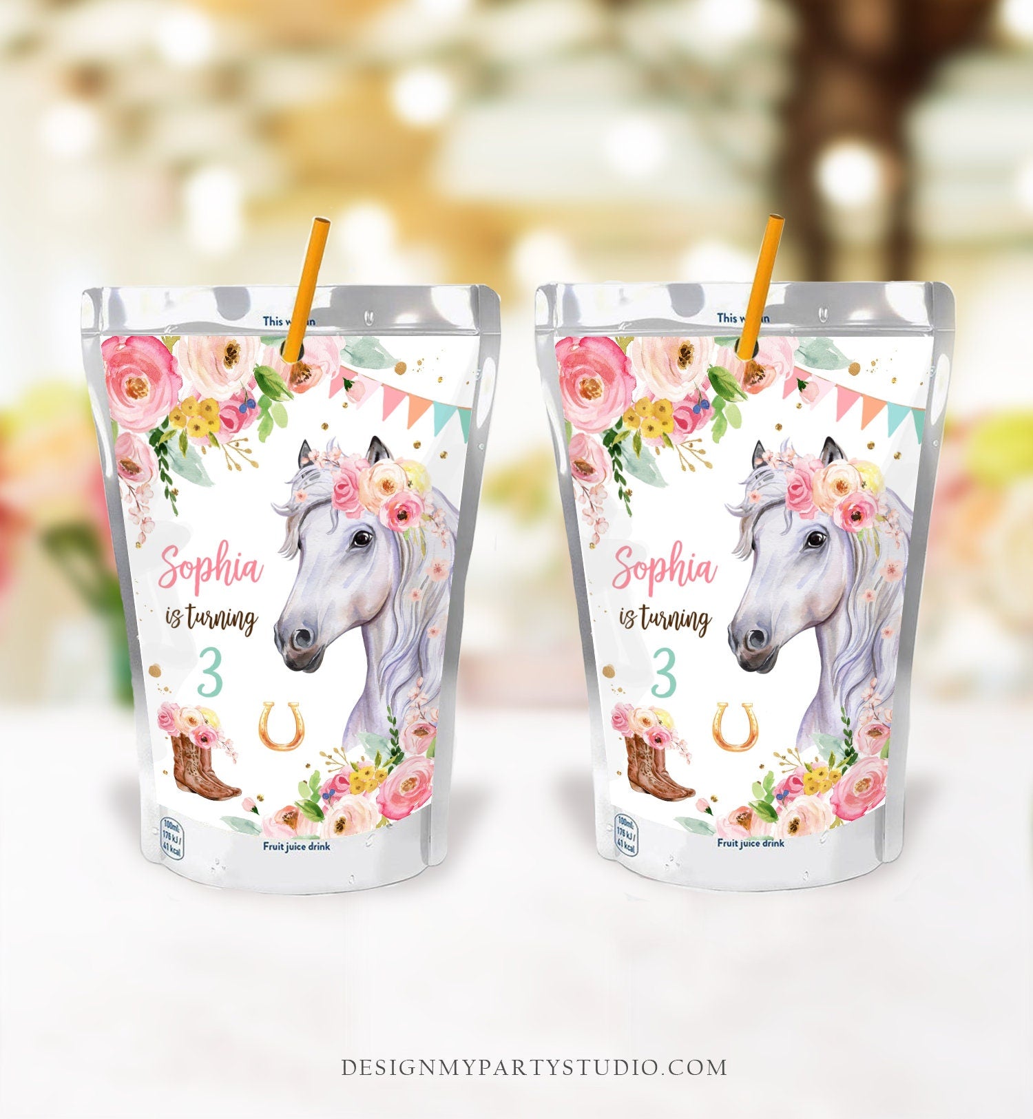 Editable Horse Birthday Juice Pouch Label Juice Favors Cowgirl Party Girl Birthday Decor Floral Digital Download Template Printable 0408