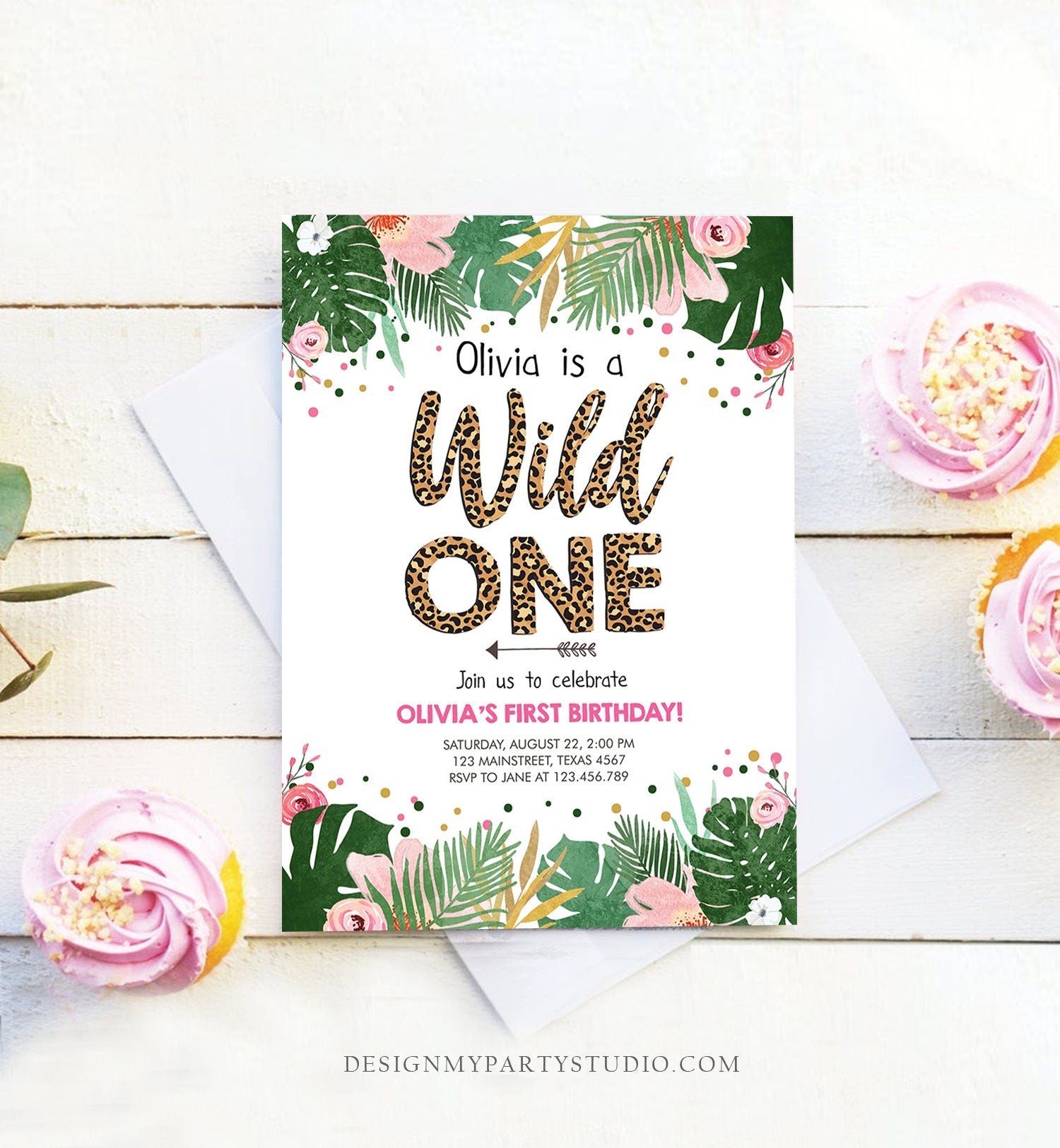 Editable Wild One Birthday Invitation Girl Tropical Safari Leopard Print Wild Child 1st Birthday Digital Download Template Printable 0332