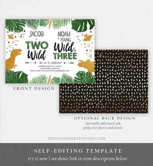 Editable Two Wild Young Wild and Three Dinosaur Birthday Invitation Dino T-Rex Second Third Boy Siblings Joint Gold Corjl Template 0146