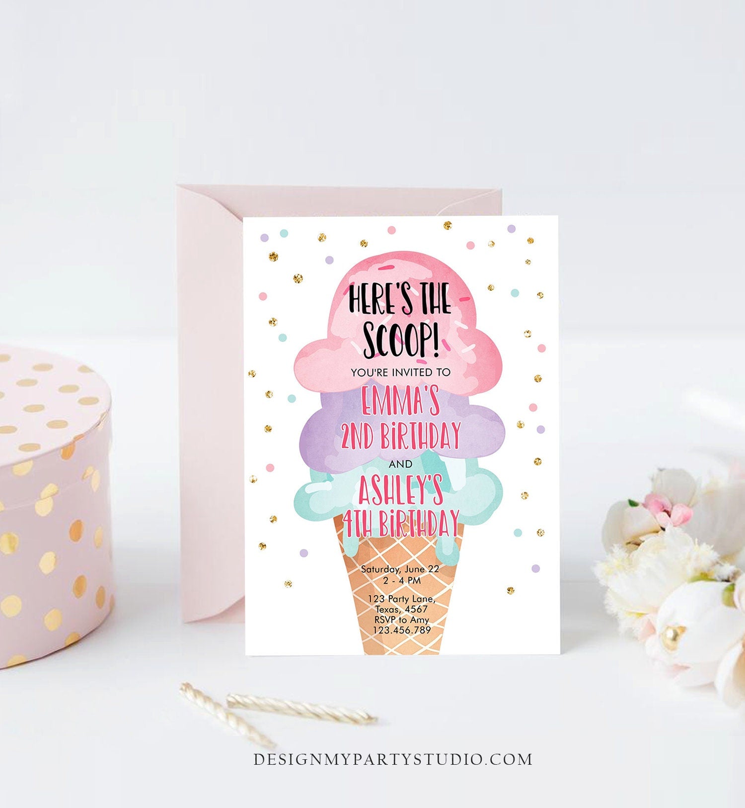 Editable Ice Cream Birthday Invitation Coed Joint Sisters Party Here's the Scoop Cone Pink Mint Gold Purple Template Corjl Printable 0243