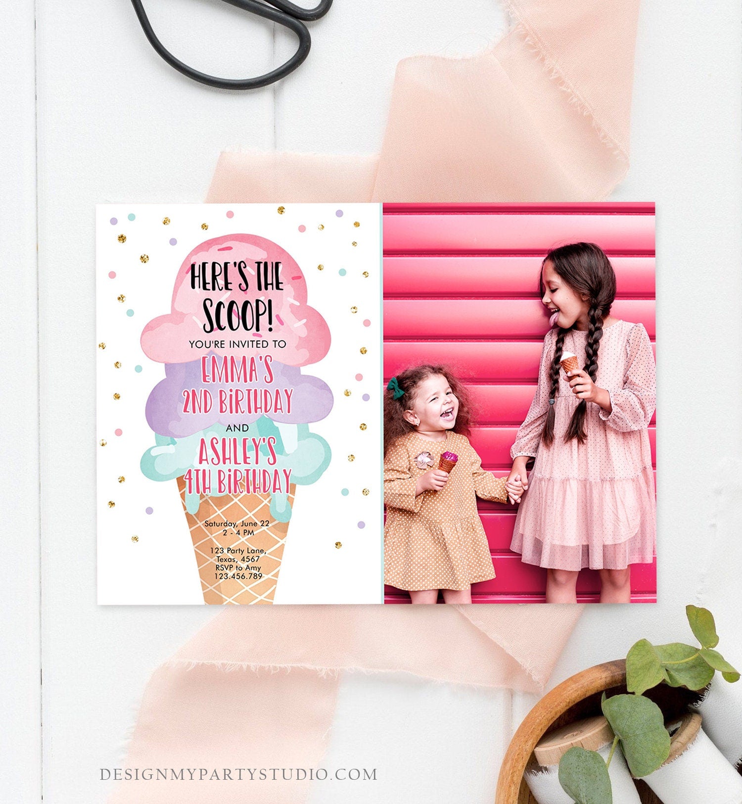 Editable Ice Cream Birthday Invitation Coed Joint Sisters Party Here's the Scoop Cone Pink Mint Gold Purple Template Corjl Printable 0243