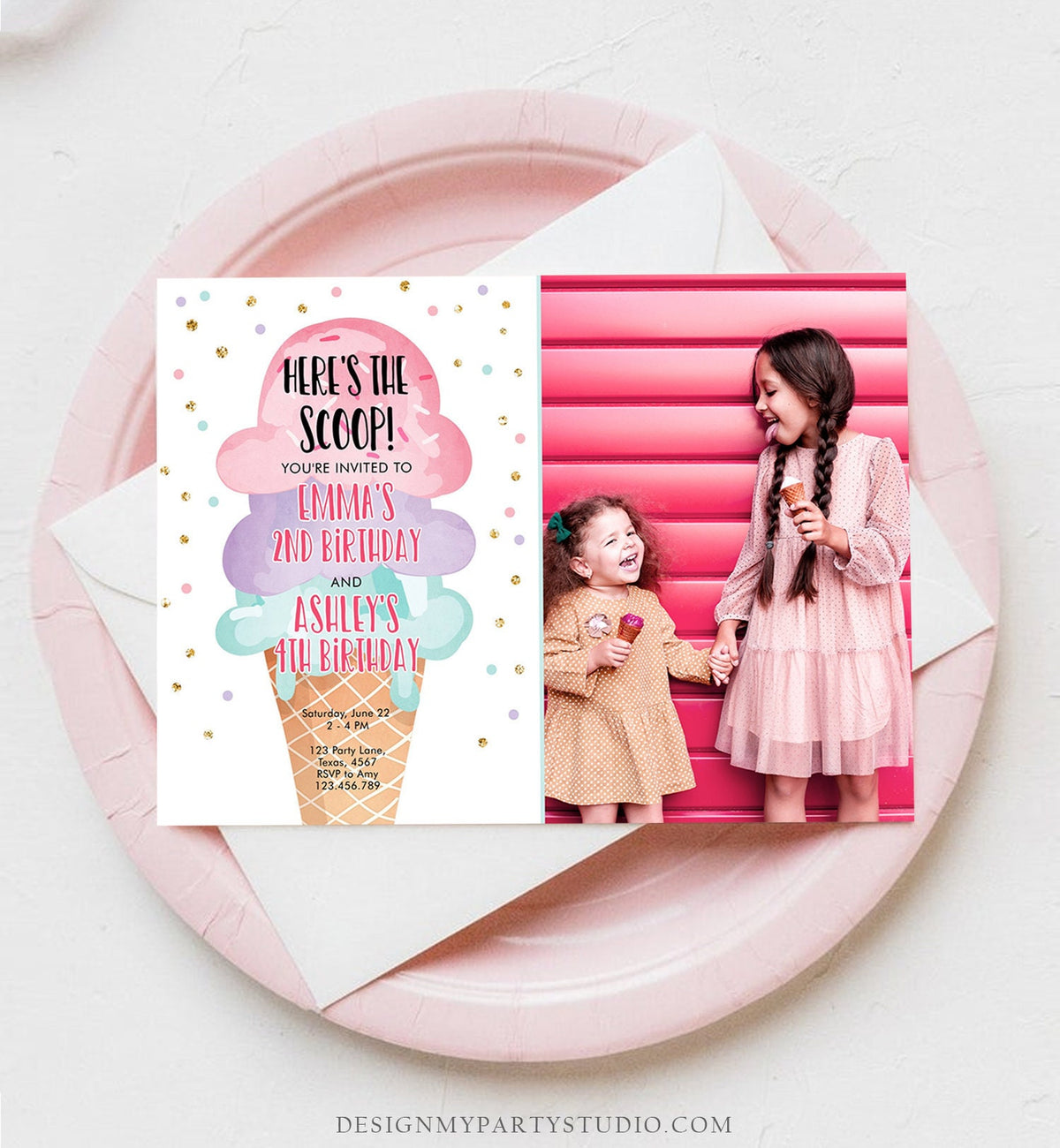 Editable Ice Cream Birthday Invitation Coed Joint Sisters Party Here&#39;s the Scoop Cone Pink Mint Gold Purple Template Corjl Printable 0243