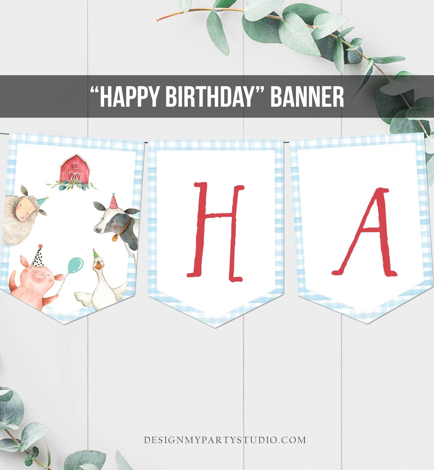 Happy Birthday Banner Farm Birthday Banner Farm Animals Boy Barnyard Birthday Decorations Blue Gingham Download PRINTABLE DIGITAL DIY 0155