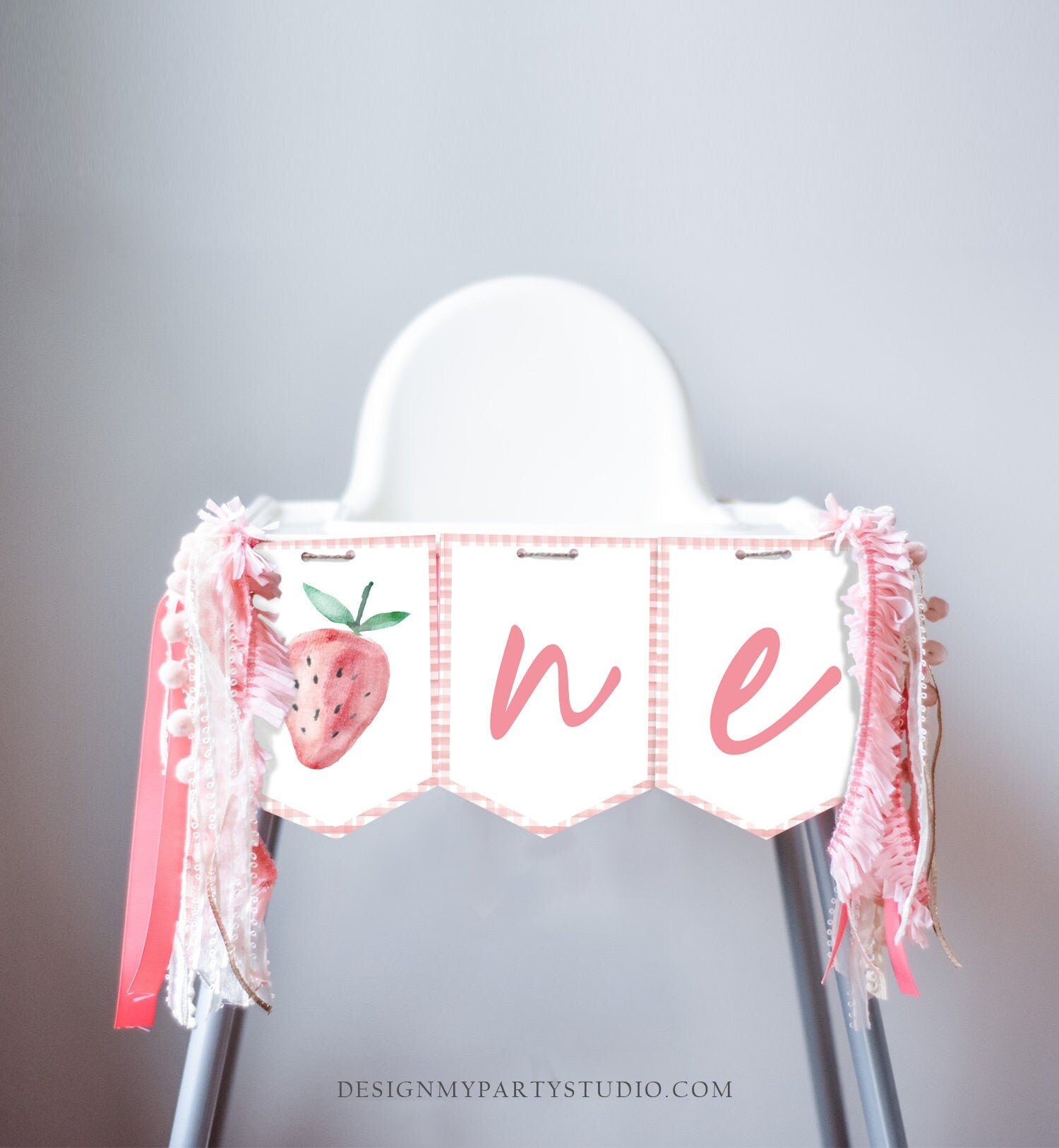 Strawberry High Chair Banner Berry First Birthday Girl 1st Strawberry Garland High Chair Banner ONE Fruit Party Decor PRINTABLE Digital 0399