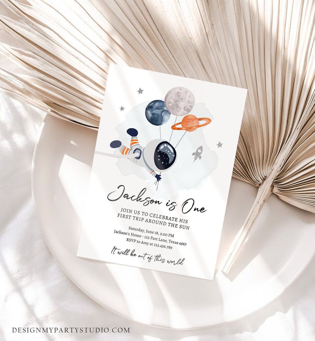 Editable Outer Space Birthday Invitation Out of this World Astronaut Trip Around the Sun Download Printable Template Digital Corjl 0366