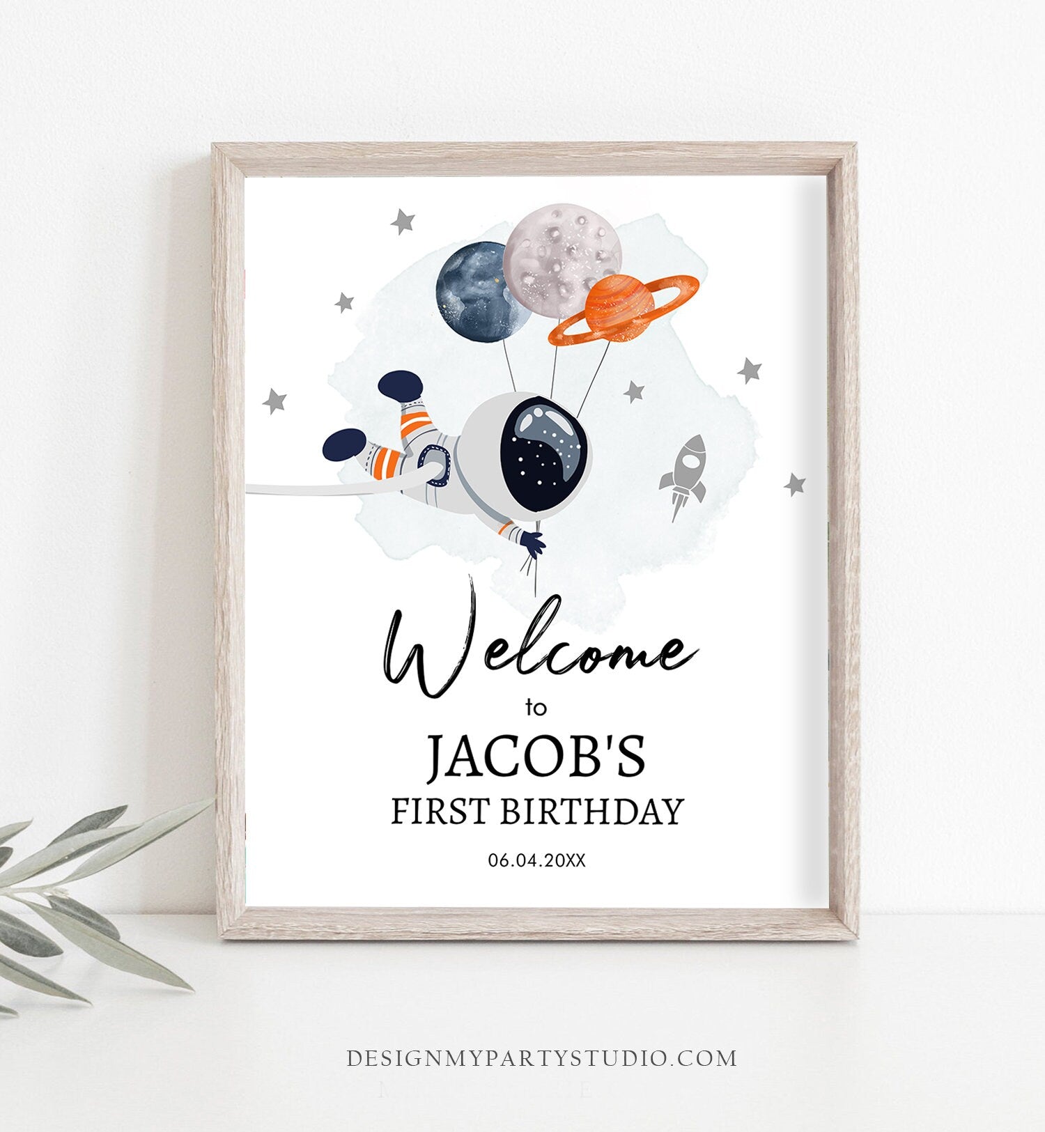 Editable Outer Space Birthday Welcome Sign 1st Birthday Boy Galaxy Planets Trip Around the Sun Astronaut Template PRINTABLE Corjl 0366