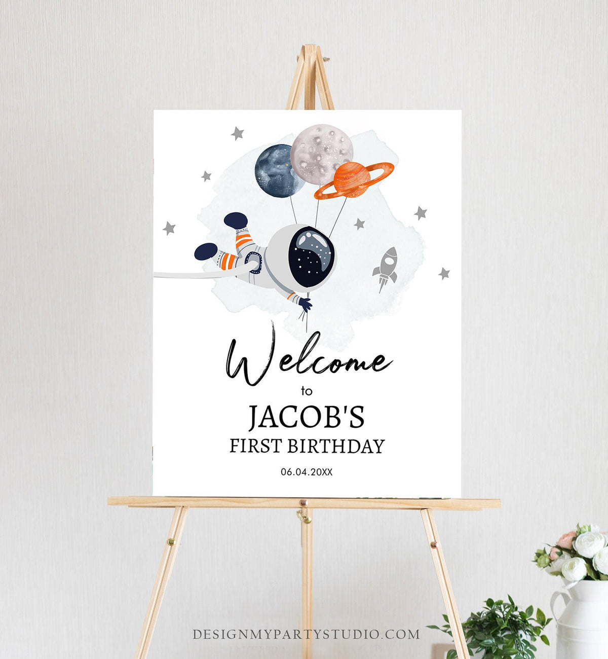 Editable Outer Space Birthday Welcome Sign 1st Birthday Boy Galaxy Planets Trip Around the Sun Astronaut Template PRINTABLE Corjl 0366