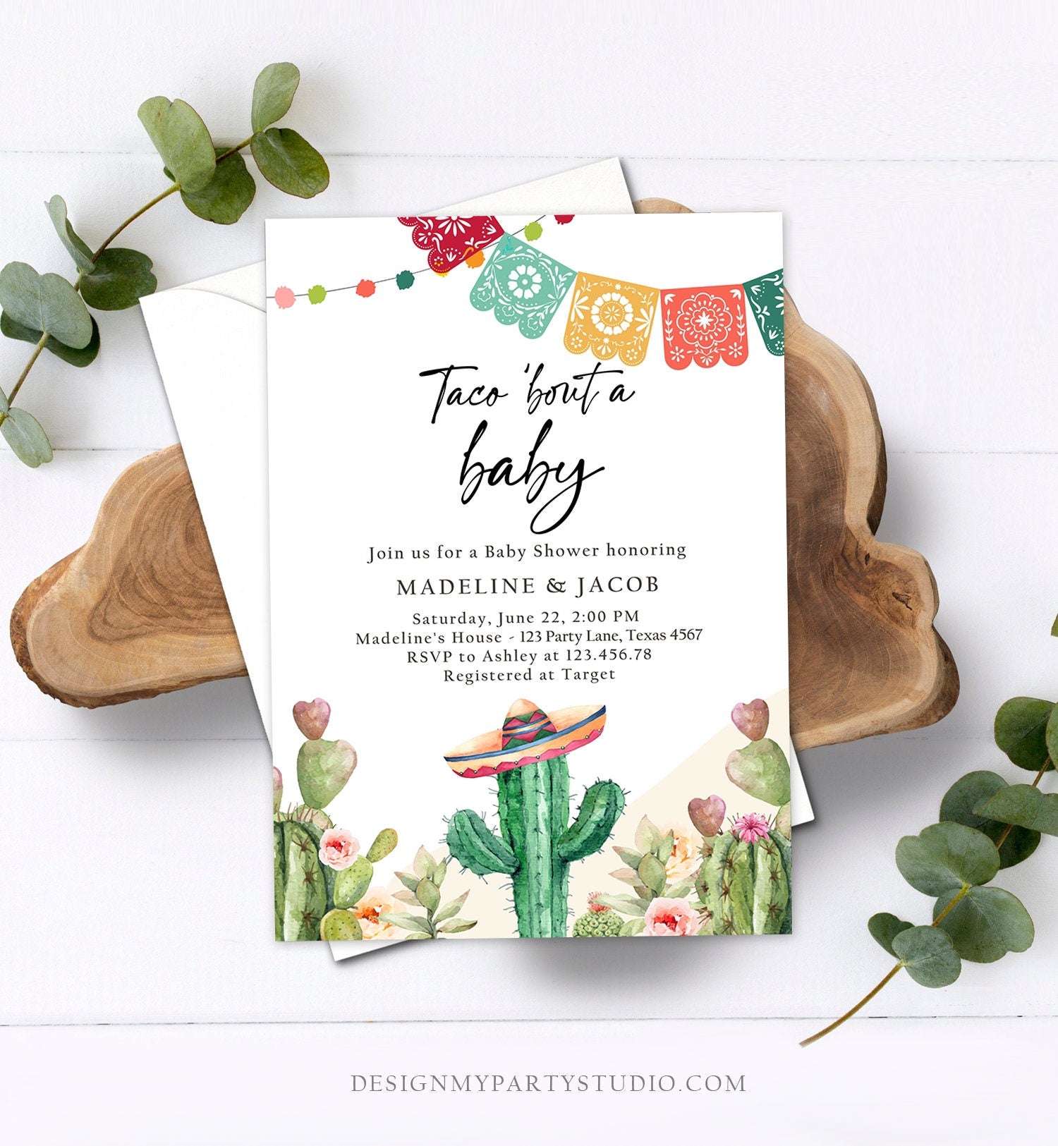 Editable Taco Bout a Baby Shower Invitation Cactus Mexican Fiesta Baby Shower Desert Floral Download Printable Invite Template Corjl 0404