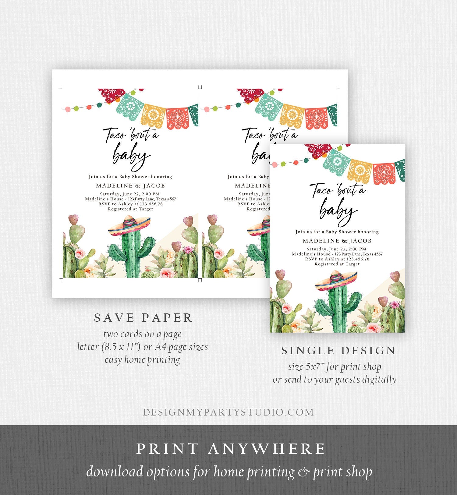 Editable Taco Bout a Baby Shower Invitation Cactus Mexican Fiesta Baby Shower Desert Floral Download Printable Invite Template Corjl 0404