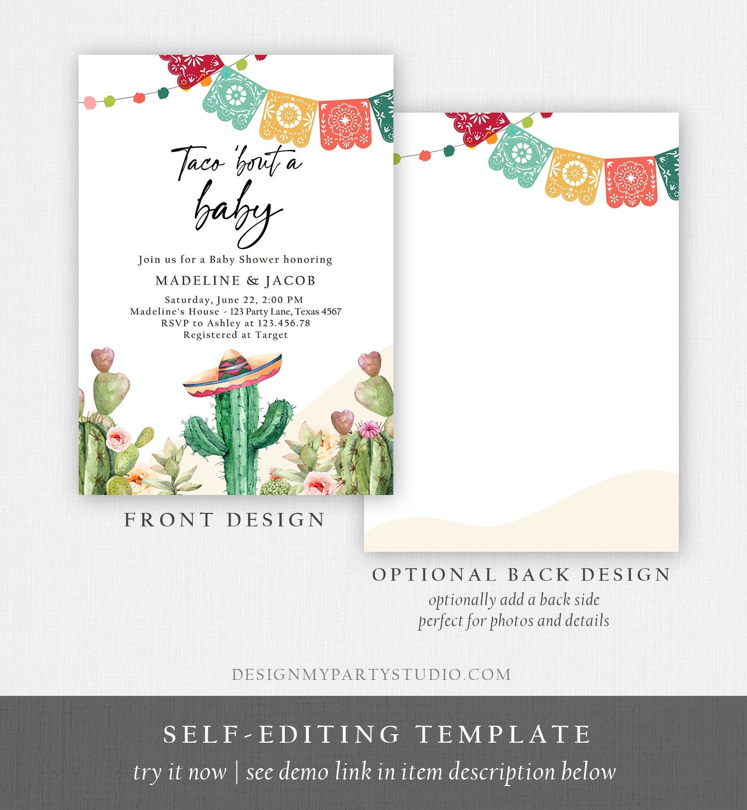 Editable Taco Bout a Baby Shower Invitation Cactus Mexican Fiesta Baby Shower Desert Floral Download Printable Invite Template Corjl 0404