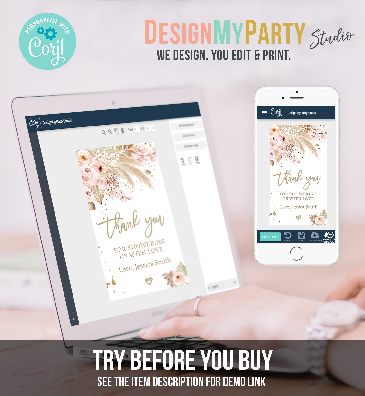 Editable Pampas Grass Favor Tag Baby Shower Thank You Tags Boho Tropical Desert Gift Tag Instant Download Printable Corjl Template 0395