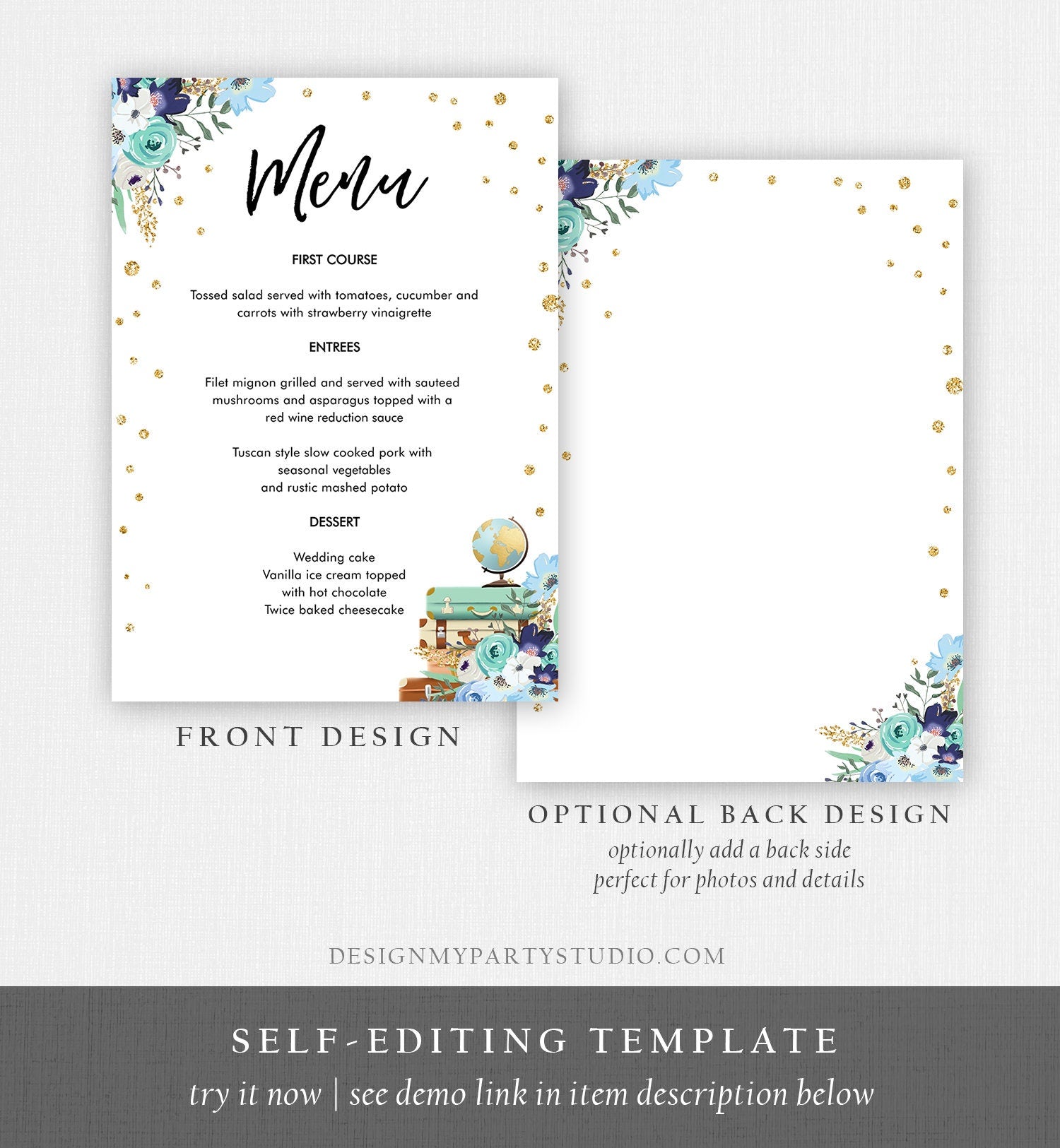 Editable Travel Menu Card Bridal Shower Pink Floral Gold Confetti Baby Shower Suitcases Adventure Digital Download Template Printable 0030