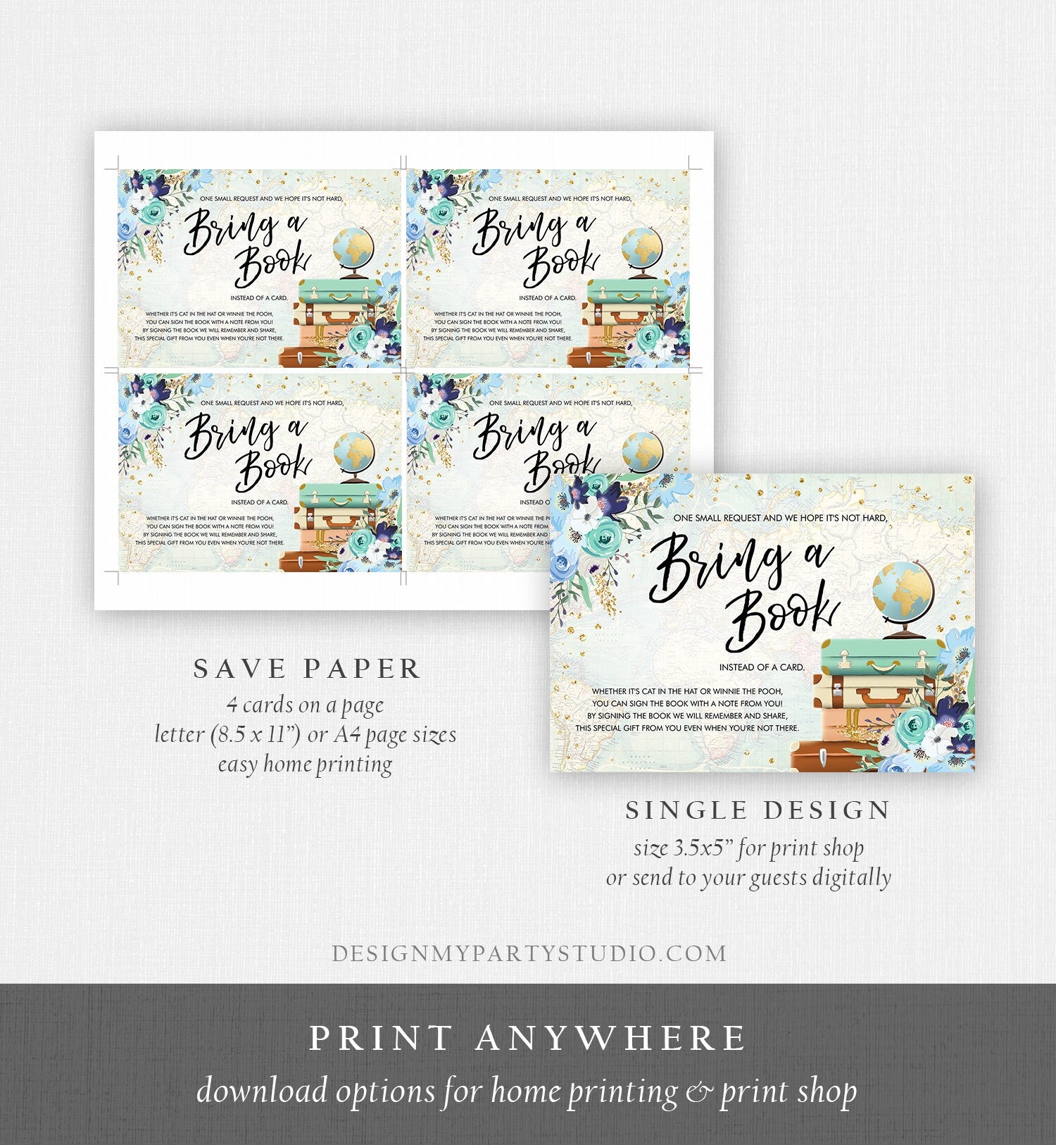 Editable Travel Bring a Book Card Baby Shower Books for Baby Adventure Floral Journey Begins Suitcases Blue Corjl Template Printable 0030