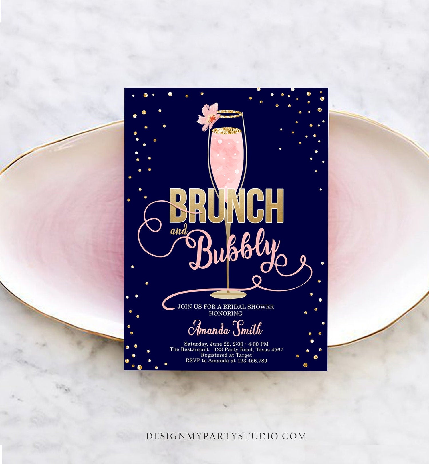 Editable Brunch and Bubbly Bridal Shower Invitation Floral Champagne Gold Pink Wedding Download Printable Template Digital Corjl 0150