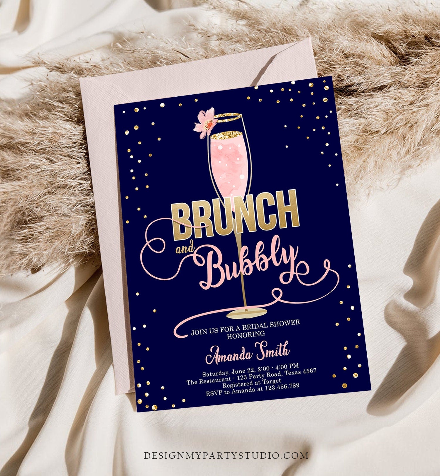 Editable Brunch and Bubbly Bridal Shower Invitation Floral Champagne Gold Pink Wedding Download Printable Template Digital Corjl 0150