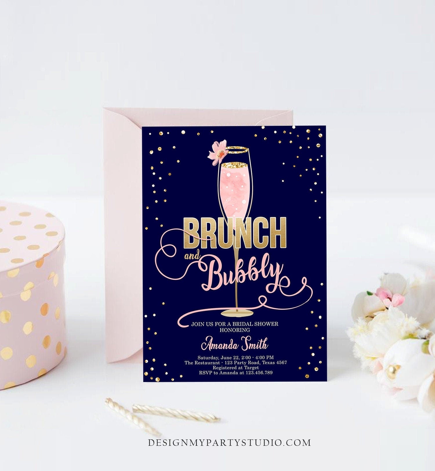 Editable Brunch and Bubbly Bridal Shower Invitation Floral Champagne Gold Pink Wedding Download Printable Template Digital Corjl 0150