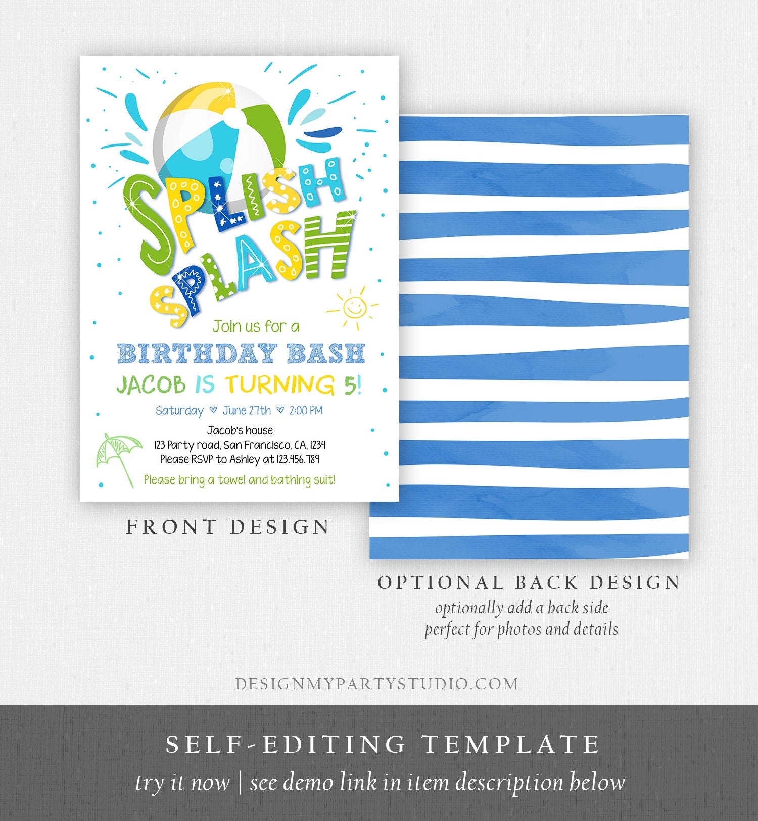 Editable Splish Splash Birthday Invitation Pool Party Boy Beach Ball Blue Green Birthday Bash Download Printable Invite Template Corjl 0169