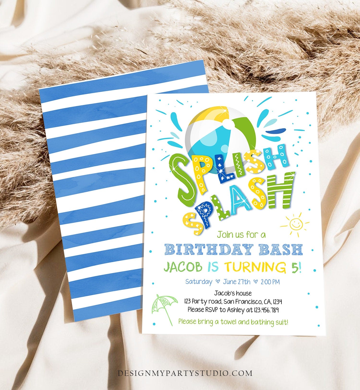 Editable Splish Splash Birthday Invitation Pool Party Boy Beach Ball Blue Green Birthday Bash Download Printable Invite Template Corjl 0169