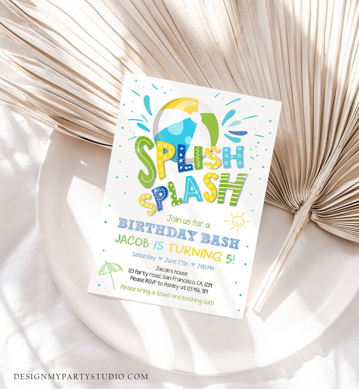 Editable Splish Splash Birthday Invitation Pool Party Boy Beach Ball Blue Green Birthday Bash Download Printable Invite Template Corjl 0169