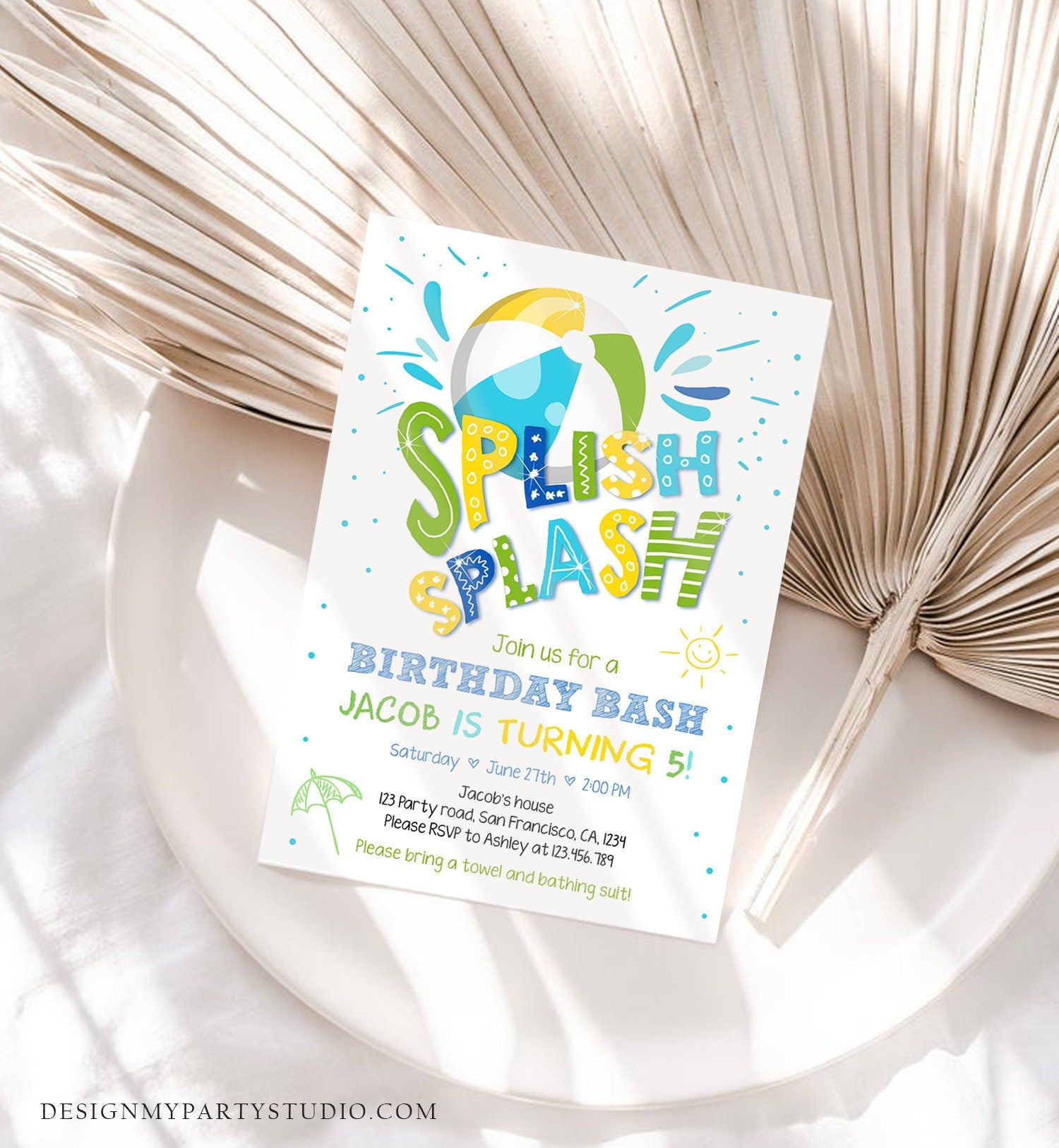 Editable Splish Splash Birthday Invitation Pool Party Boy Beach Ball Blue Green Birthday Bash Download Printable Invite Template Corjl 0169