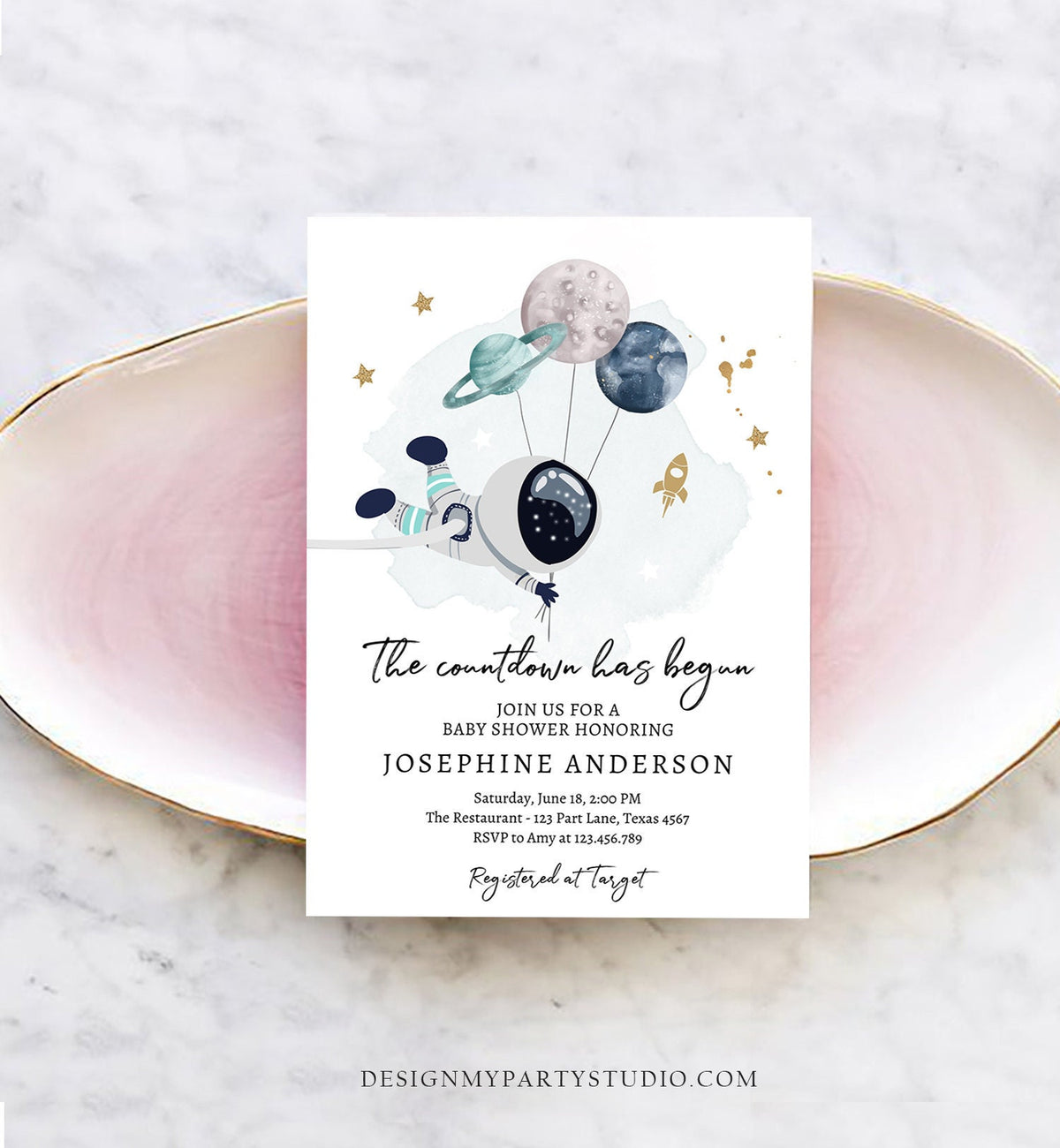 Editable Space Baby Shower Invitation Galaxy Outer Space It&#39;s a Boy Gold Planets Moon Countdown Invite Template Instant Download Corjl 0366