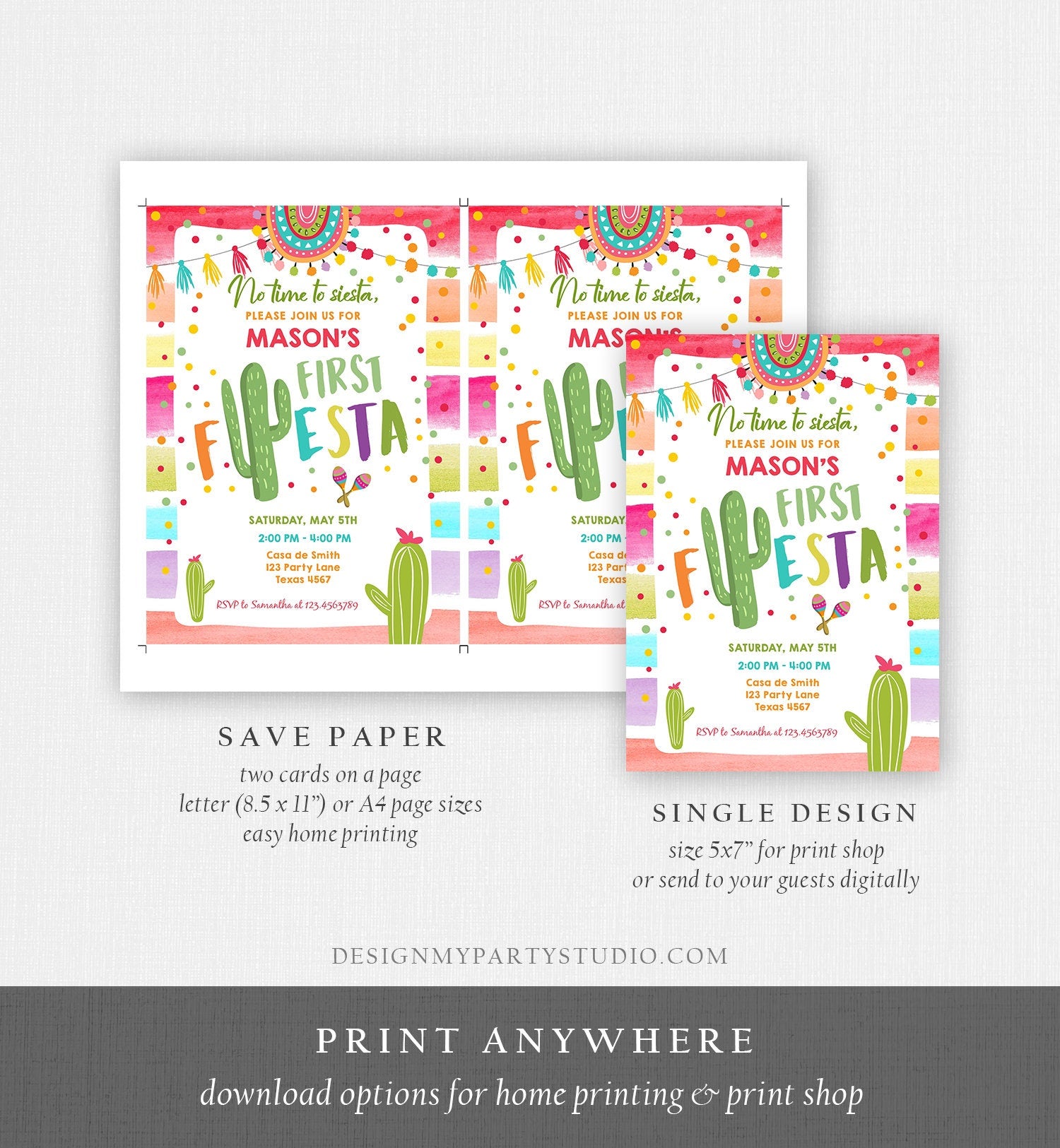 Editable Fiesta Birthday Invitation Cactus Succulent Mexican Party Boy Girl ANY AGE Digital Download Evite Template Printable 0134