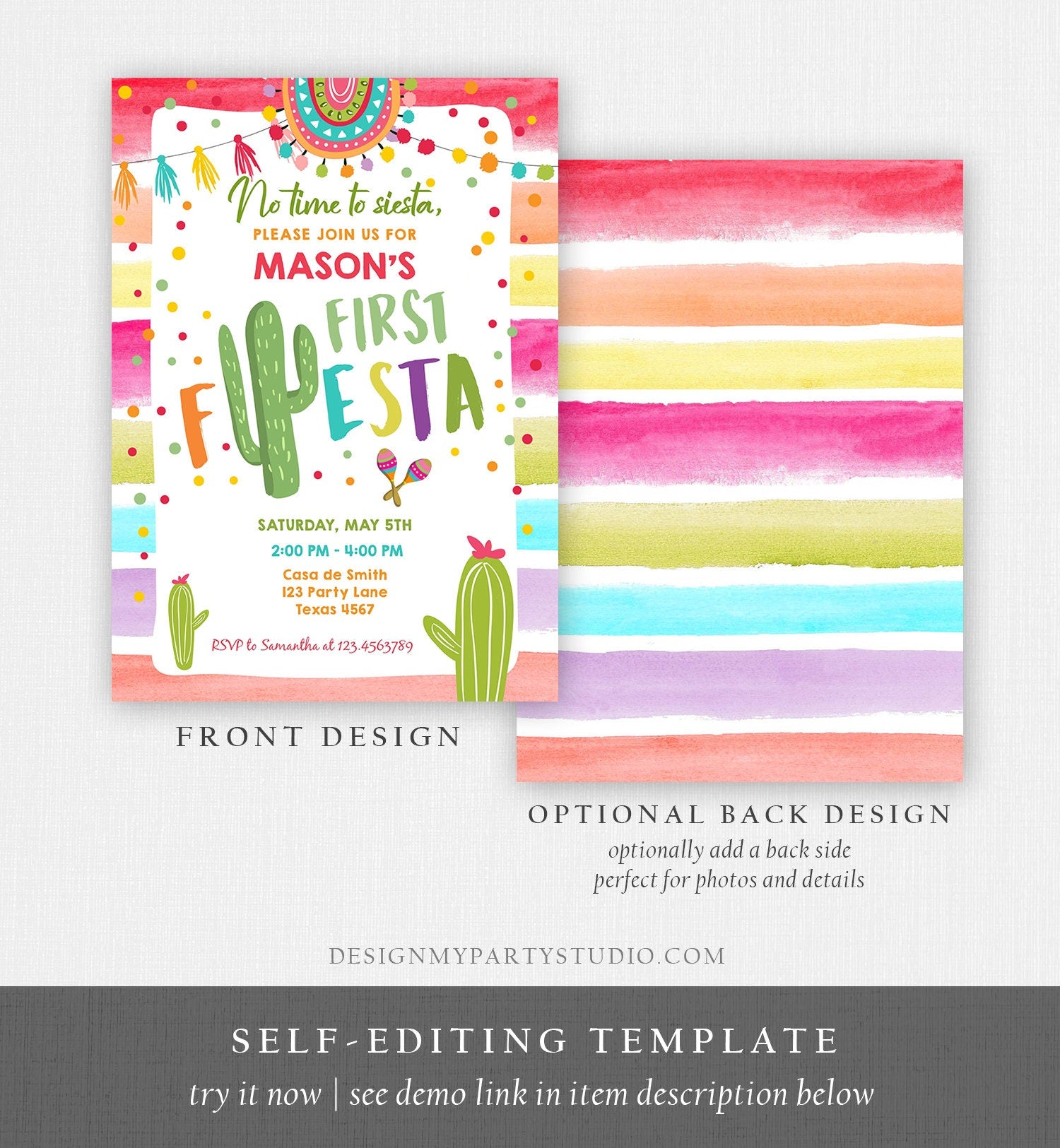 Editable Fiesta Birthday Invitation Cactus Succulent Mexican Party Boy Girl ANY AGE Digital Download Evite Template Printable 0134