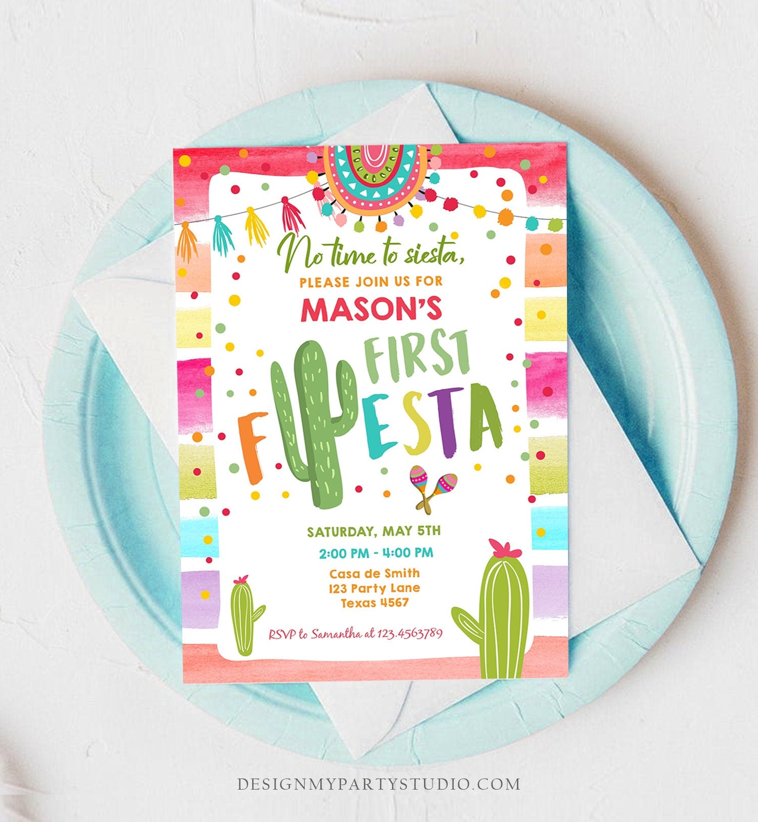 Editable Fiesta Birthday Invitation Cactus Succulent Mexican Party Boy Girl ANY AGE Digital Download Evite Template Printable 0134