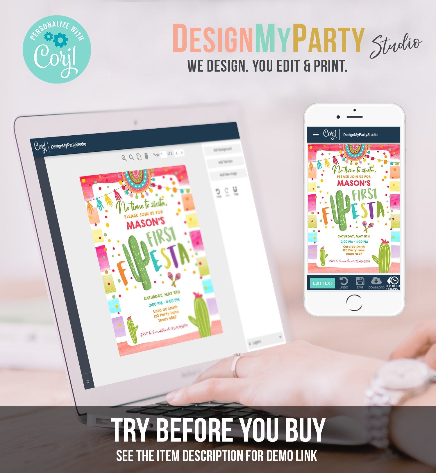 Editable Fiesta Birthday Invitation Cactus Succulent Mexican Party Boy Girl ANY AGE Digital Download Evite Template Printable 0134