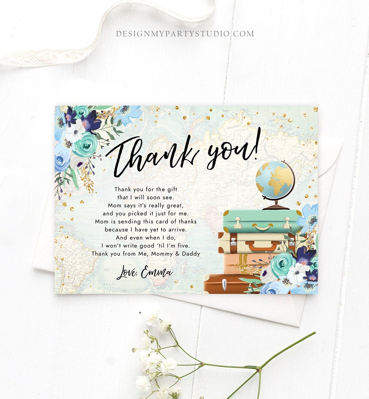 Editable Travel Thank You Card Bridal Shower Thank You Note Adventure Birthday Baby Shower Suitcases Blue Floral Map Template Printable 0030