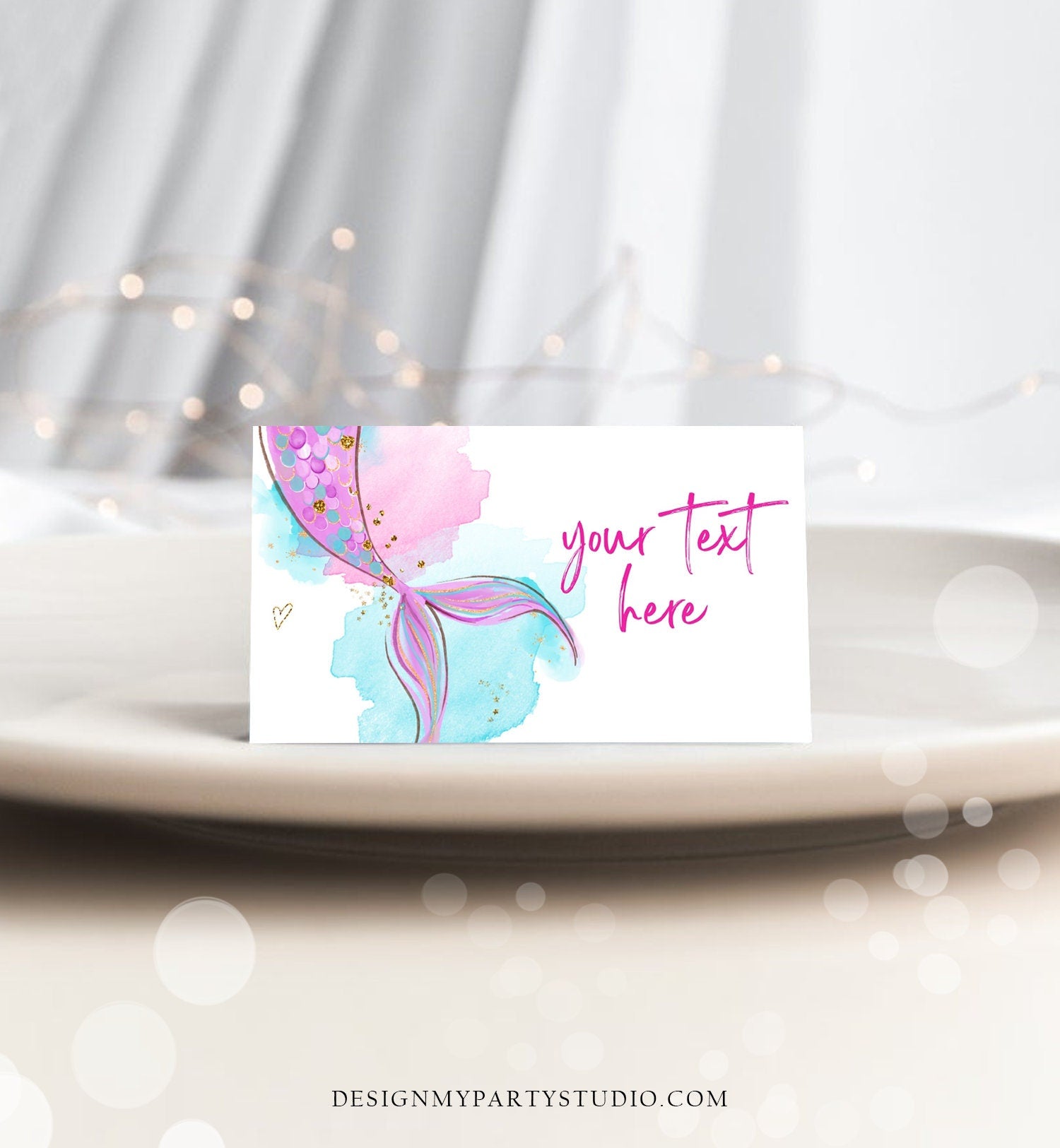 Editable Mermaid Food Labels Mermaid Birthday Place Card Tent Card Escort Card Girl Pink Gold Under The Sea Digital Template Printable 0403