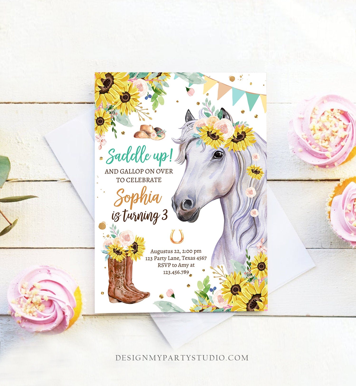 Editable Cowgirl Birthday Invitation Girl Saddle Up Watercolor Horse Party Horse Birthday Sunflowers Download Printable Template Corjl 0408