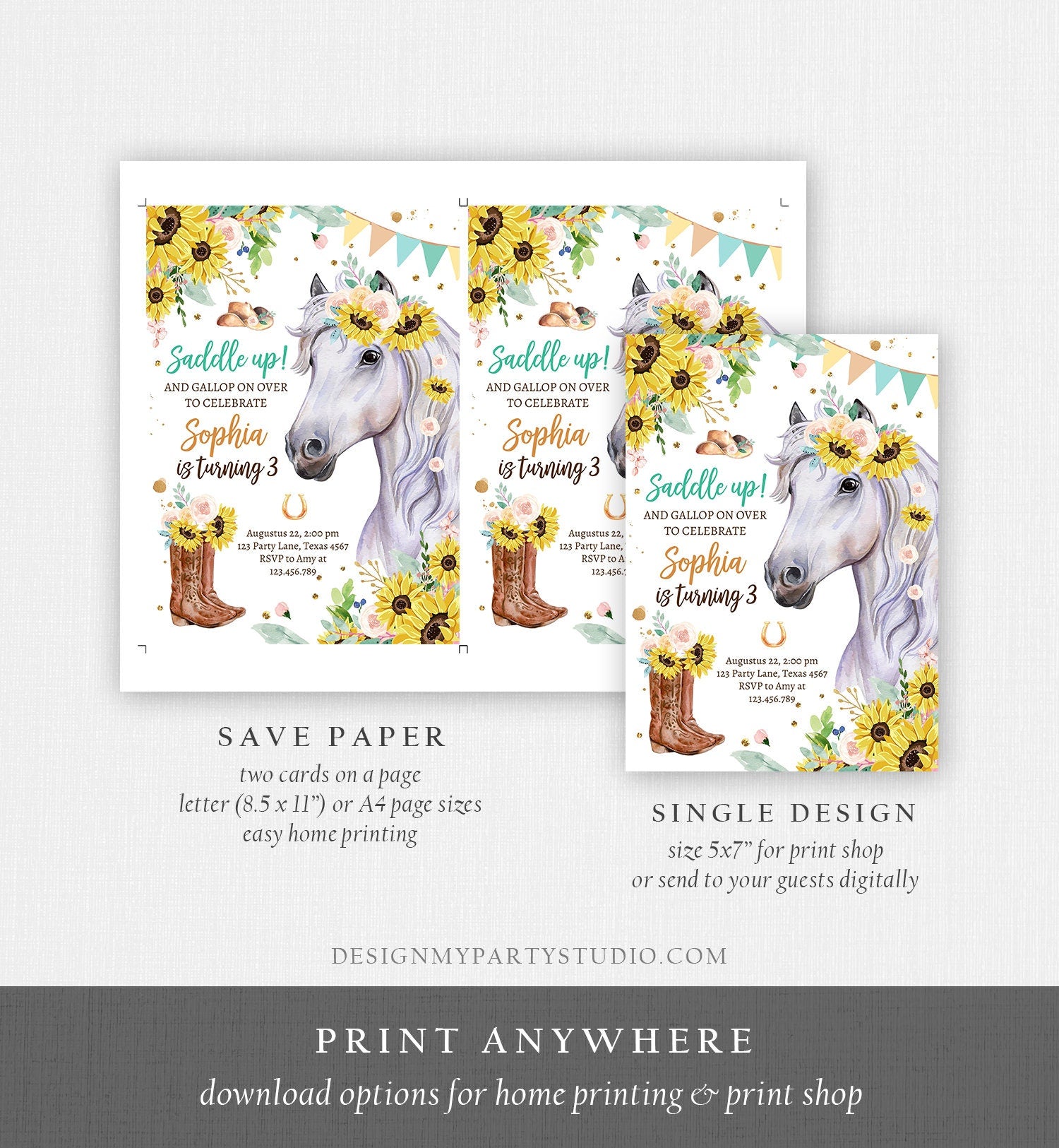 Editable Cowgirl Birthday Invitation Girl Saddle Up Watercolor Horse Party Horse Birthday Sunflowers Download Printable Template Corjl 0408