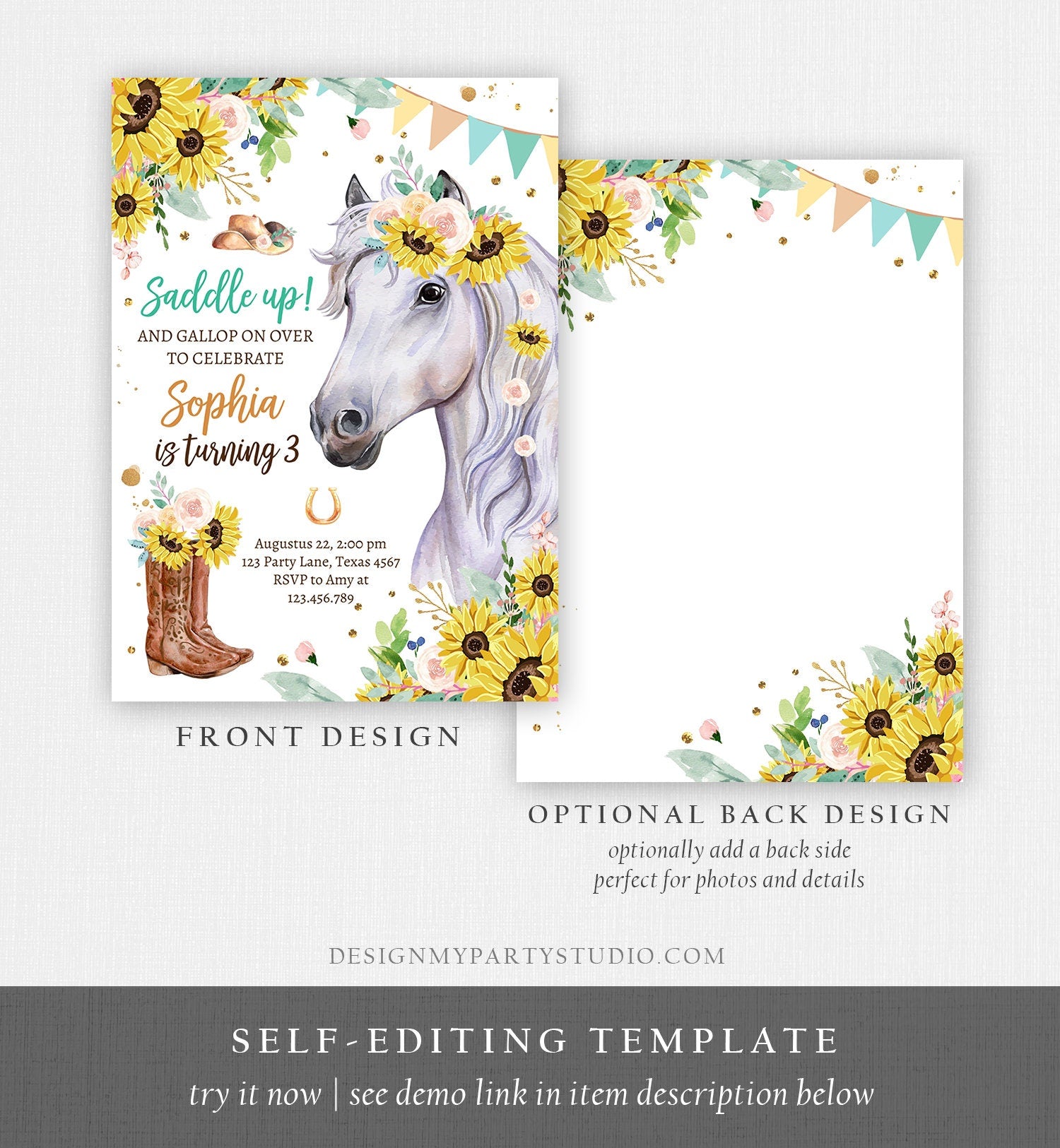 Editable Cowgirl Birthday Invitation Girl Saddle Up Watercolor Horse Party Horse Birthday Sunflowers Download Printable Template Corjl 0408