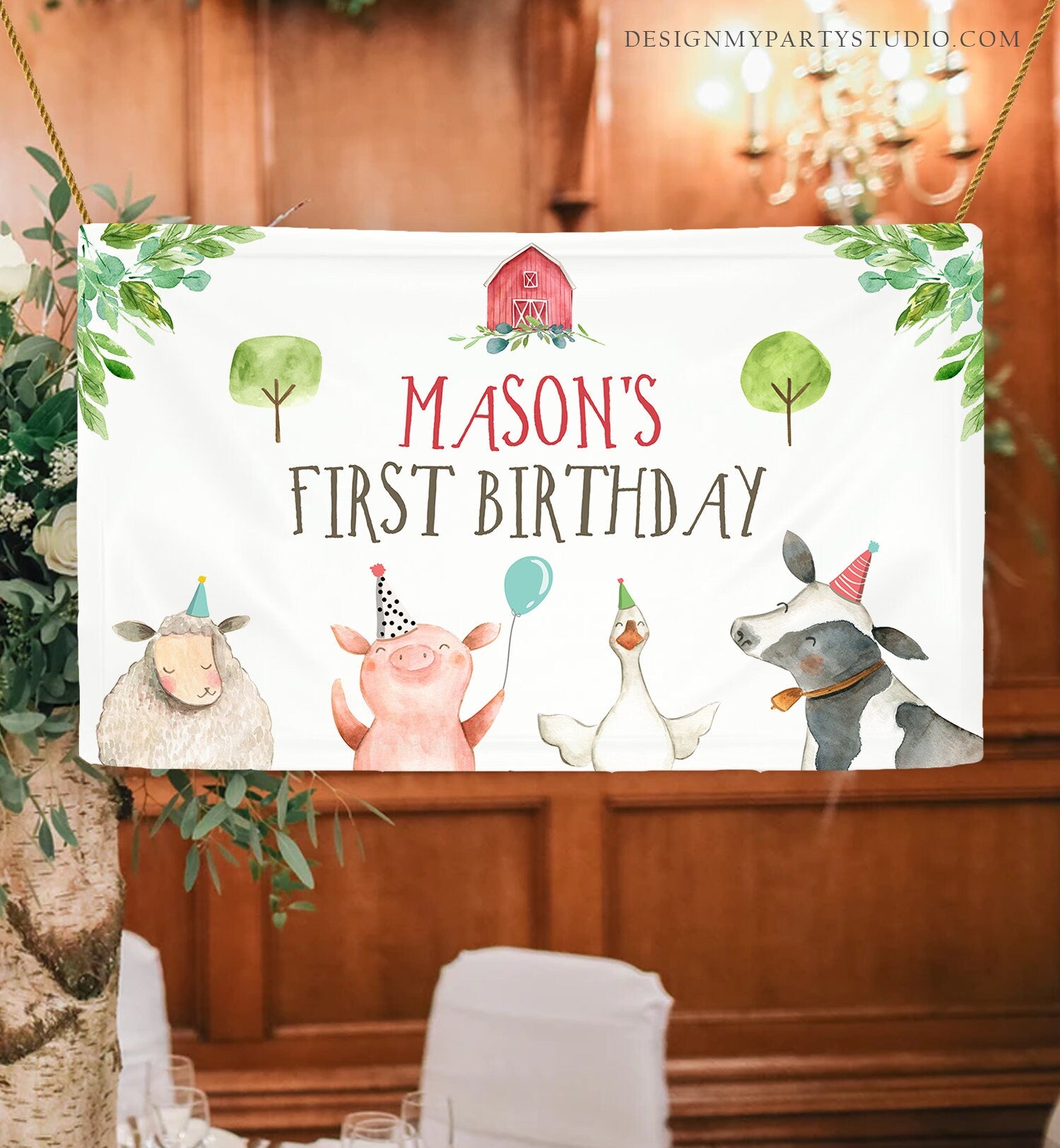 Editable Farm Animals Backdrop Banner Boy Farm Birthday Boy {arty Animals Barnyard Birthday Decor Digital Download Template Printable 0155