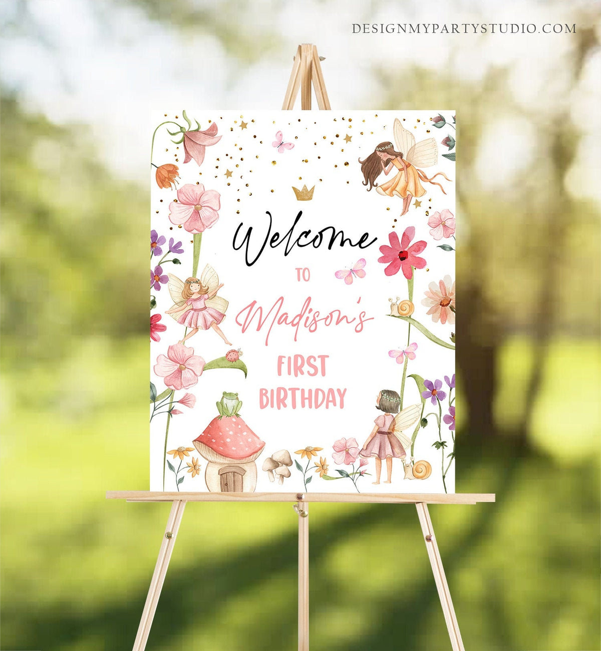 Editable Fairy Birthday Welcome Sign Fairy Garden Sign Whimsical Welcome Enchanted Forest Birthday Girl Pink Template PRINTABLE Corjl 0406