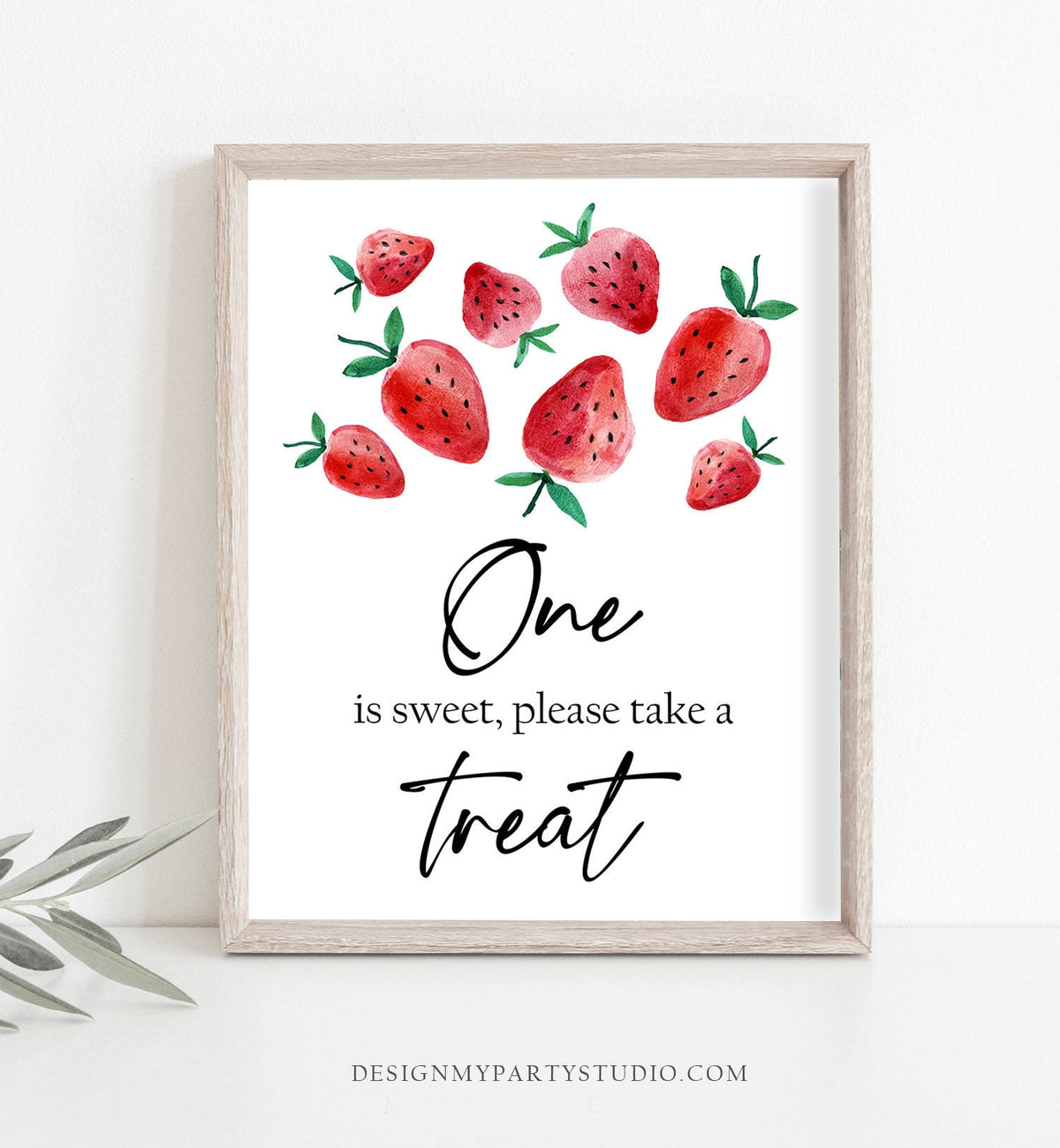 One is Sweet Take a Treat Strawberry First Birthday Sign Girl Strawberries 1st Birthday Fruit Farmers Market Table Sign Decor Printable 0399