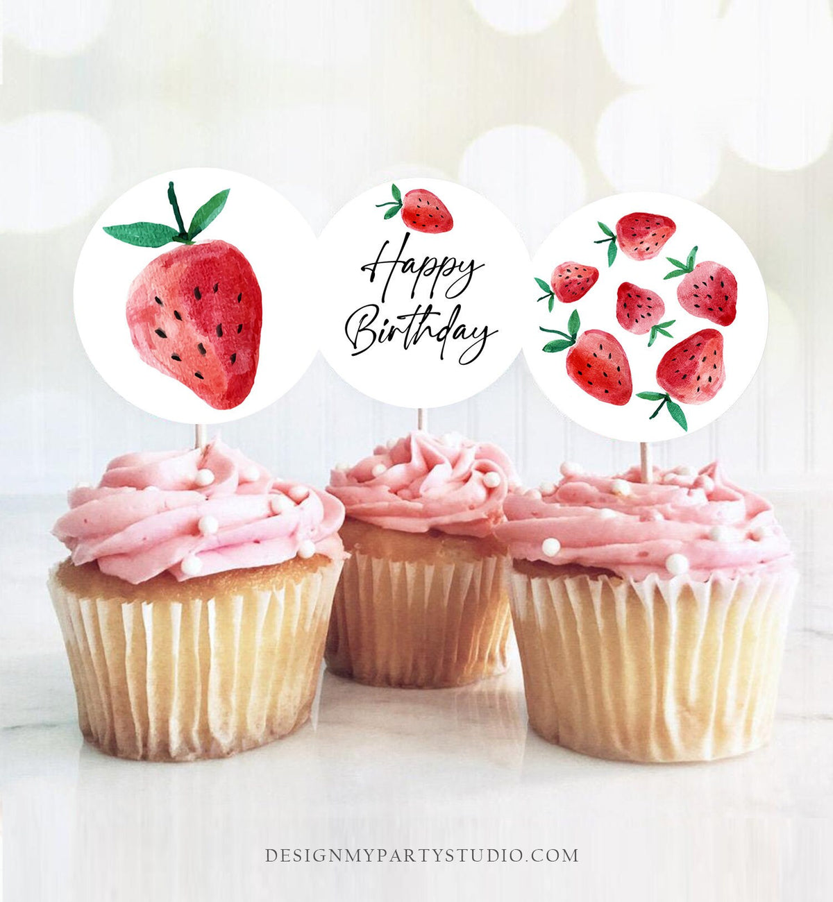 Strawberry Birthday Cupcake Toppers Favor Tags Girl First Birthday Party Decor Berry Sweet 1st Strawberries Download Digital PRINTABLE 0399