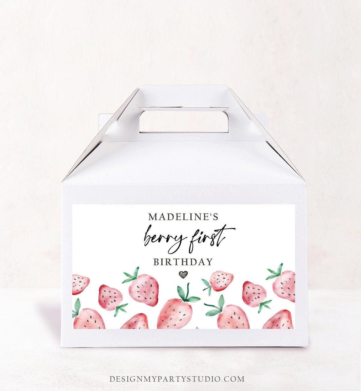 Editable Strawberry Gable Gift Box Label Strawberries 1st Birthday Berry First Treat Box Label Berry Sweet Download Printable Corjl 0399