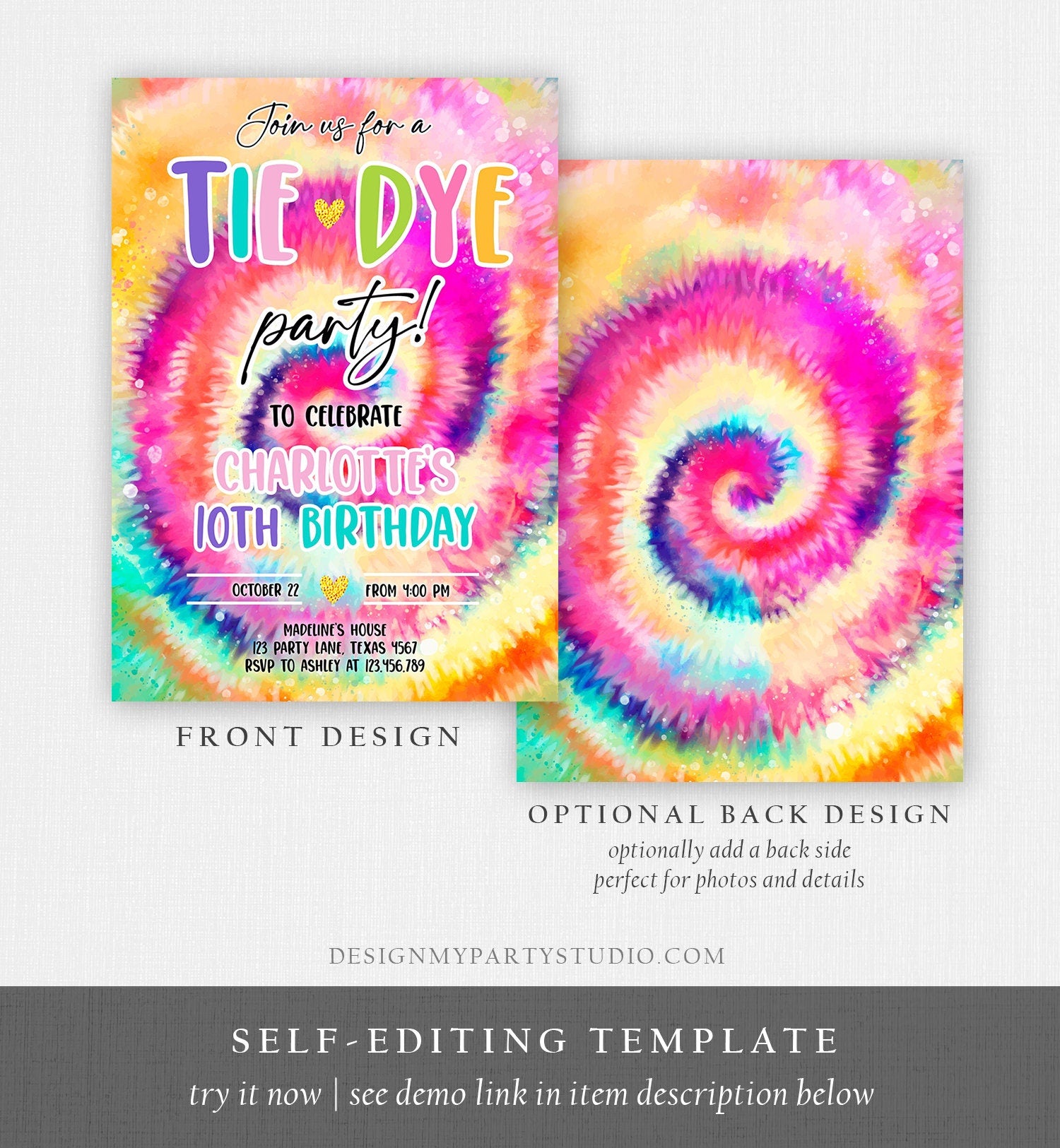 Editable Tie Dye Birthday Invitation Tie Dye Party Invite Girl Pink Tie-Dye Birthday Rainbow Hippie Peace Tween Download Corjl Template 0407