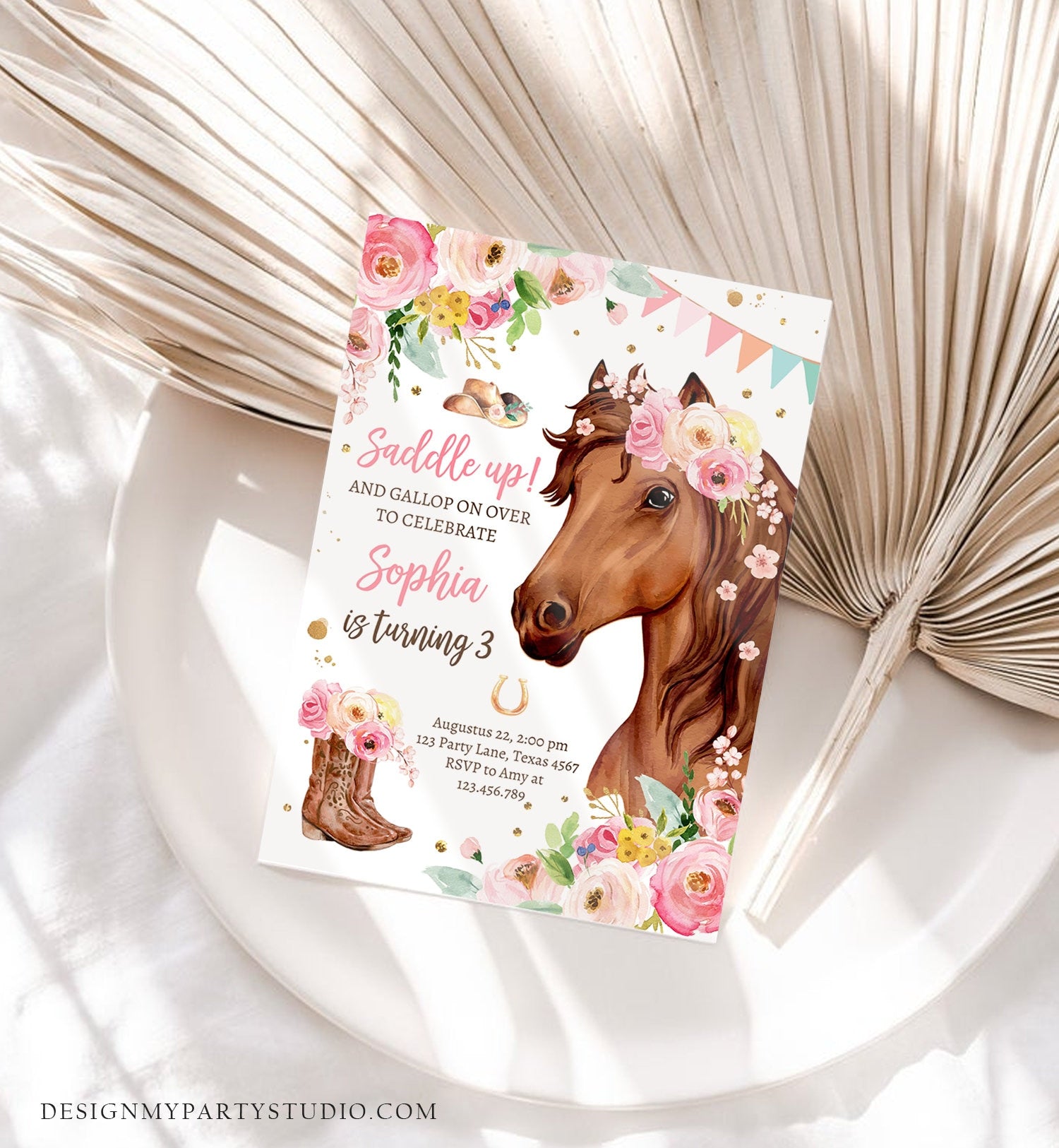 Editable Horse Birthday Invitation Girl Saddle Up Watercolor Cowgirl Party Horse Invite Pink Floral Download Printable Template Corjl 0408