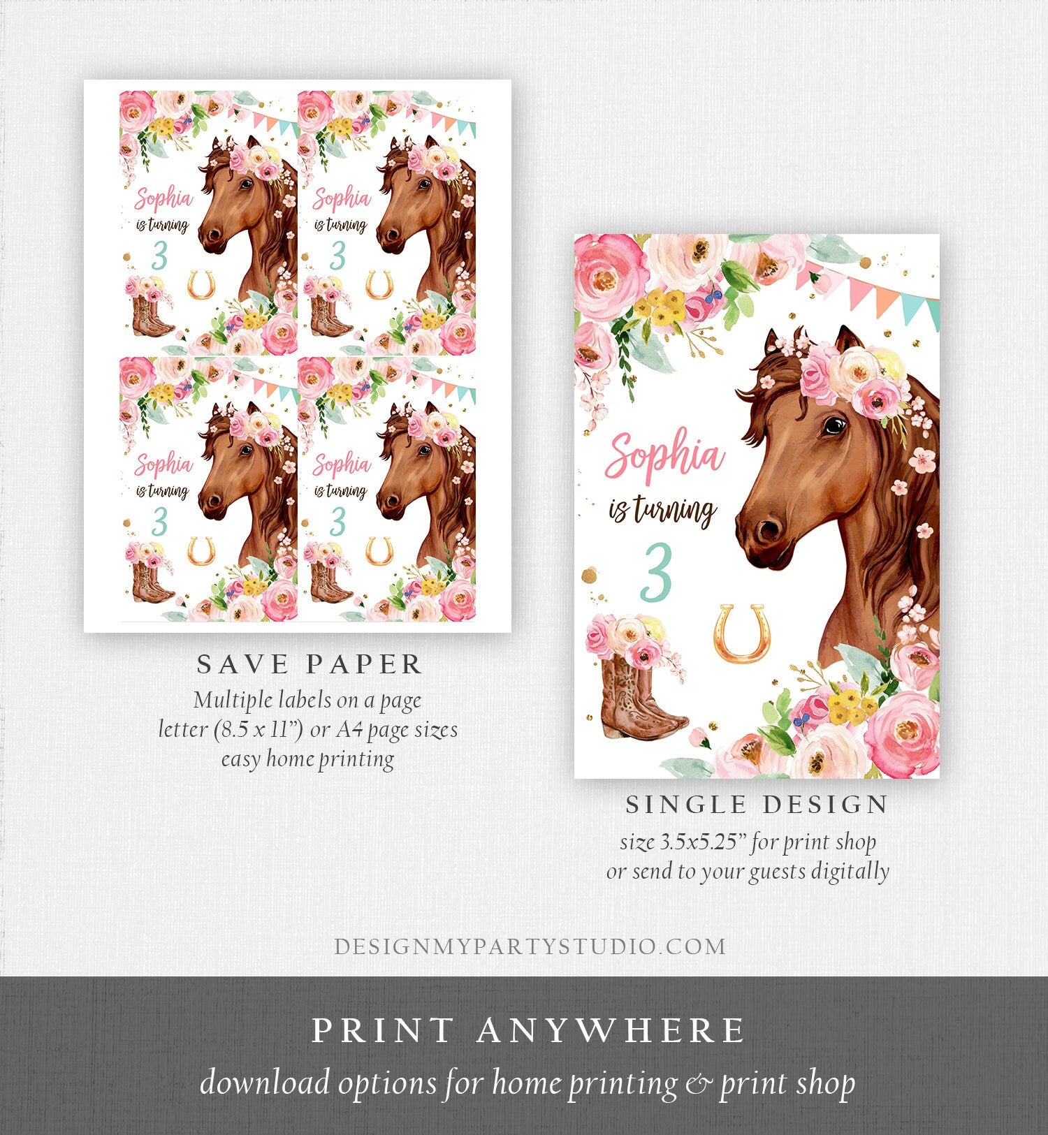 Editable Horse Birthday Juice Pouch Label Juice Favors Cowgirl Party Girl Birthday Decor Floral Digital Download Template Printable 0408