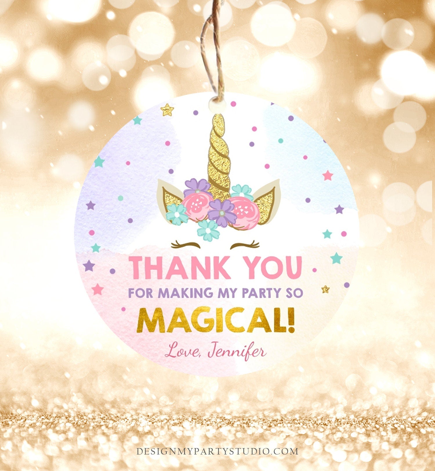 Editable Unicorn Favor Tags Magical Birthday Thank You Tag Gift Girl Pink Purple Gold Glitter Download Corjl Template Printable 0041